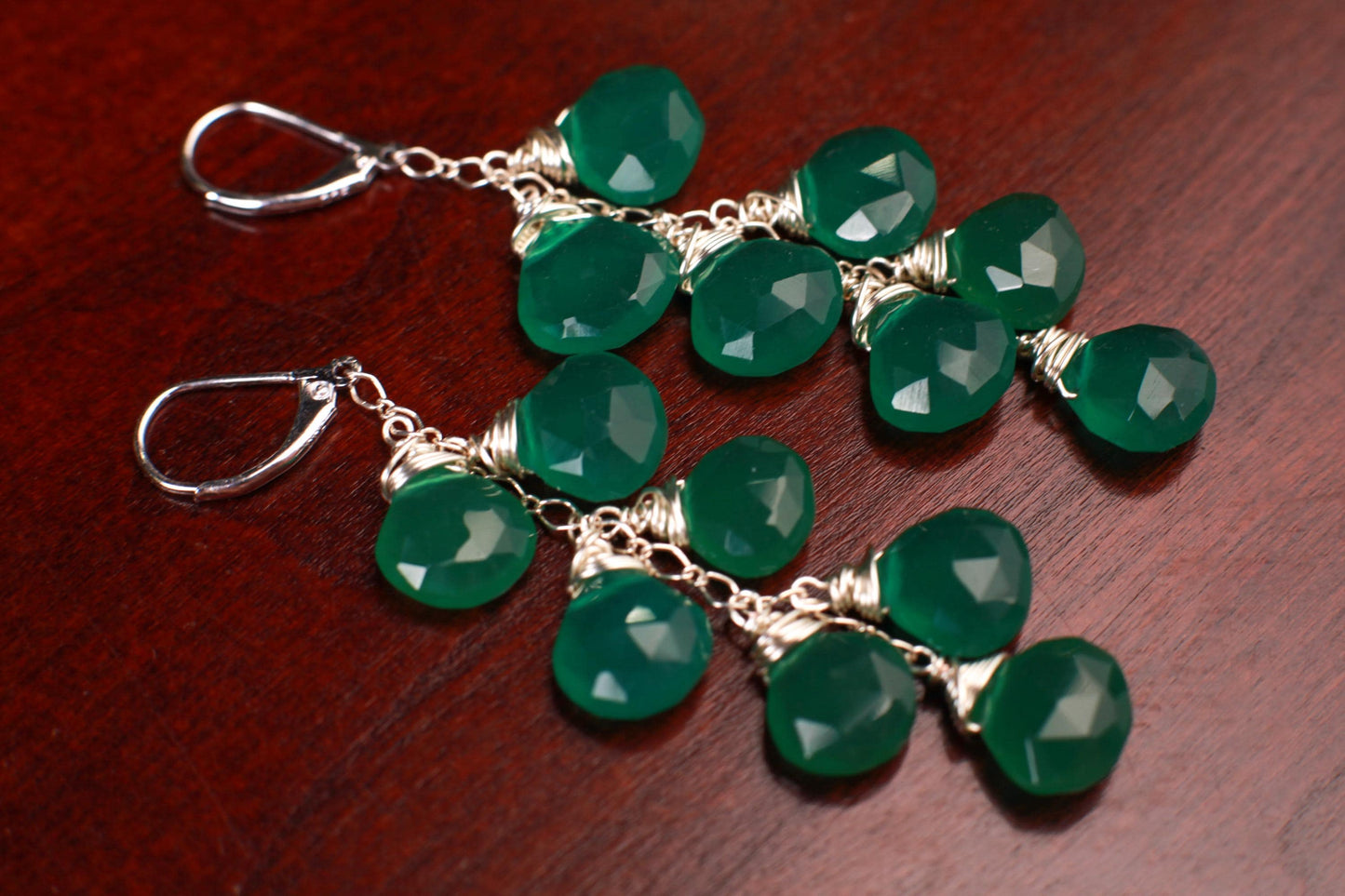 Natural Green Onyx Dangling Wire Wrapped Briolette Heart Earrings in 14K Gold Filled or 925 sterling silver, cascade earrings Handmade Gift