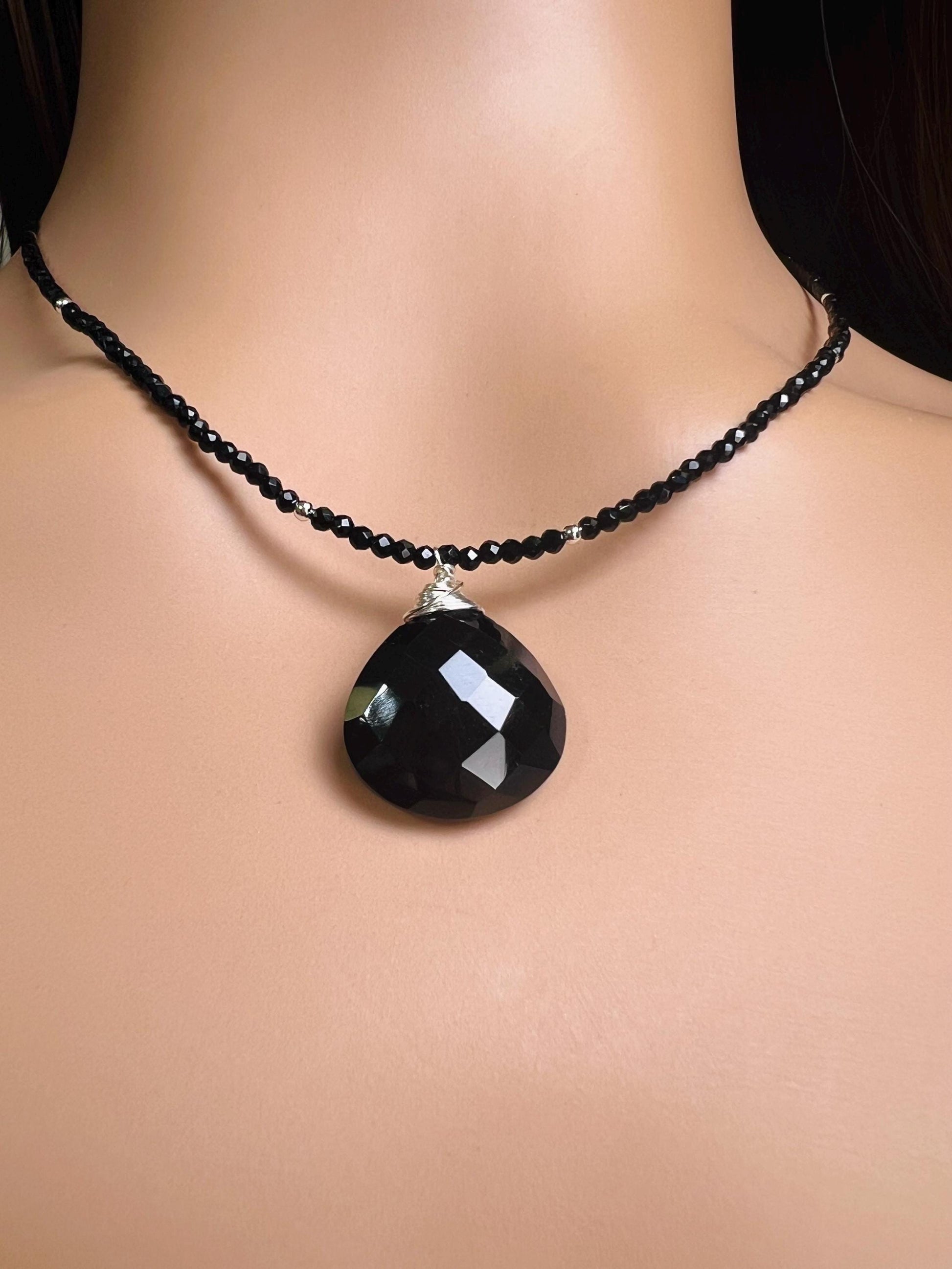 Genuine Black Spinel bead and heart pendant Necklace , graduation,Layering Necklace 14" to 48"