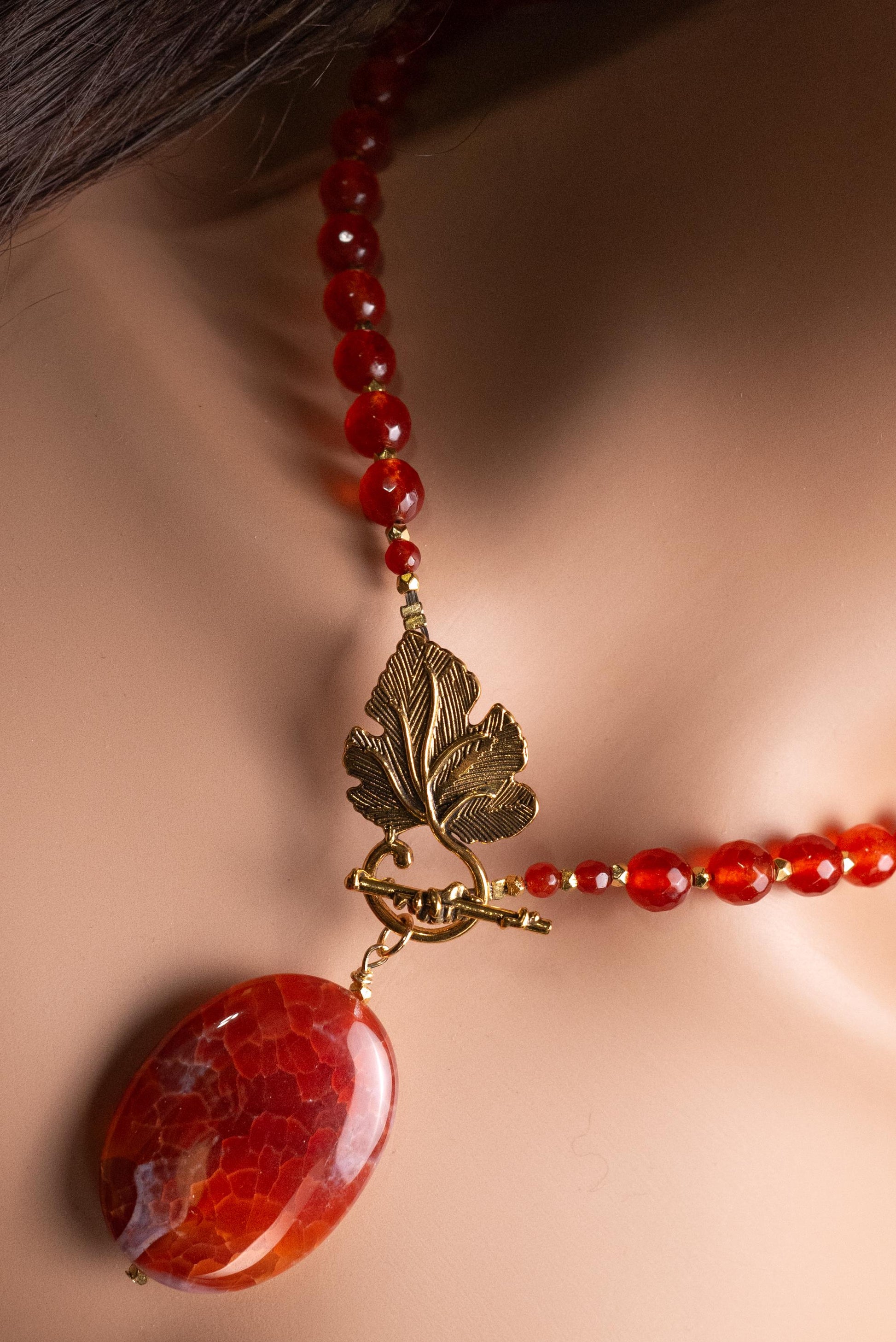 Carnelian Necklace, Natural Carnelian Faceted with Dangling Fire Agate Oval Pendant, Antiqued Gold Fancy Leaf Toggle Clasp, Gift