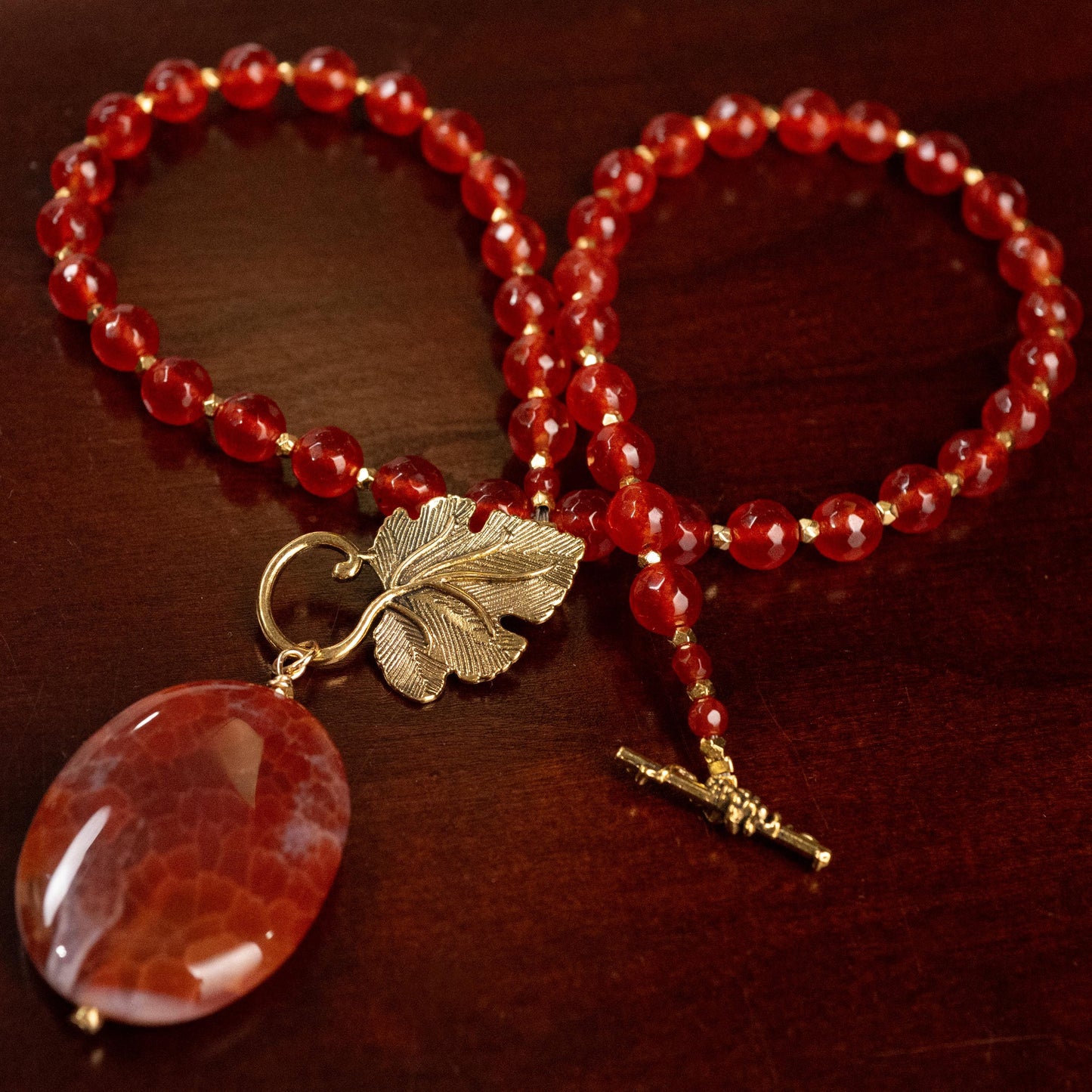 Carnelian Necklace, Natural Carnelian Faceted with Dangling Fire Agate Oval Pendant, Antiqued Gold Fancy Leaf Toggle Clasp, Gift