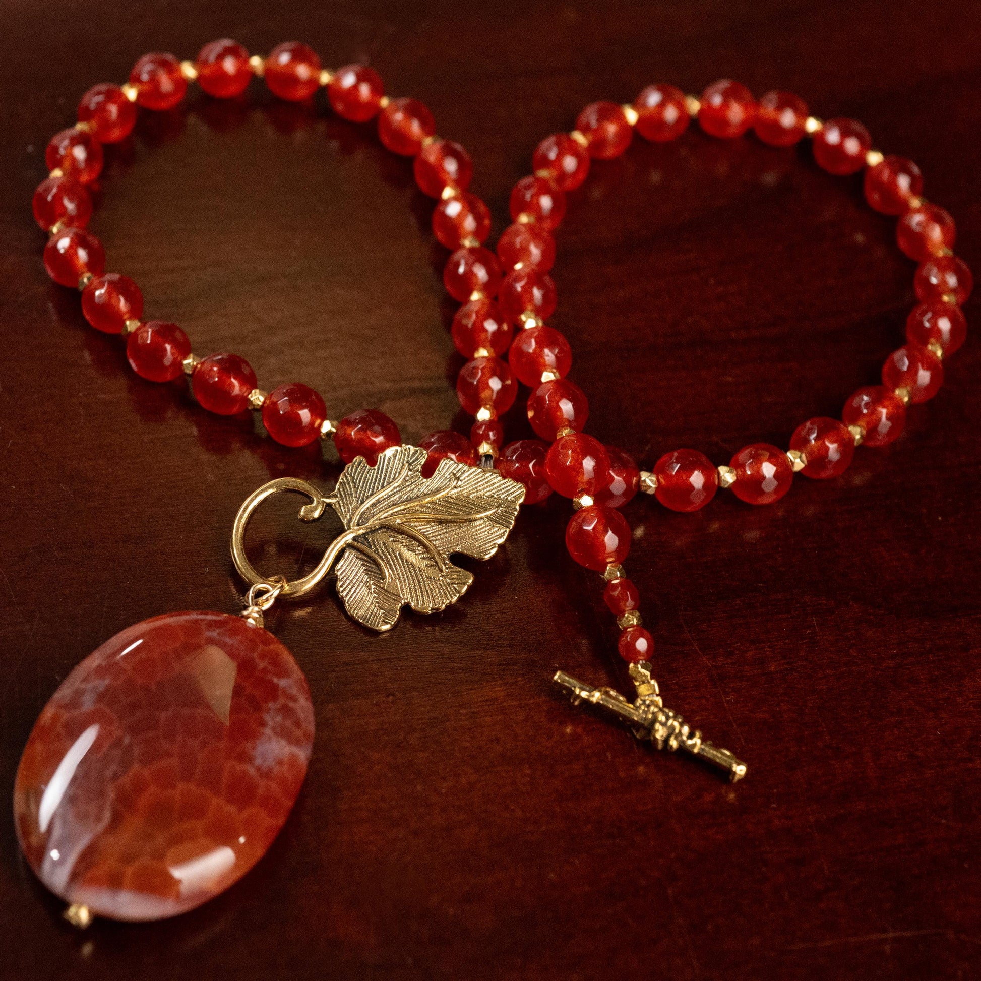 Carnelian Necklace, Natural Carnelian Faceted with Dangling Fire Agate Oval Pendant, Antiqued Gold Fancy Leaf Toggle Clasp, Gift