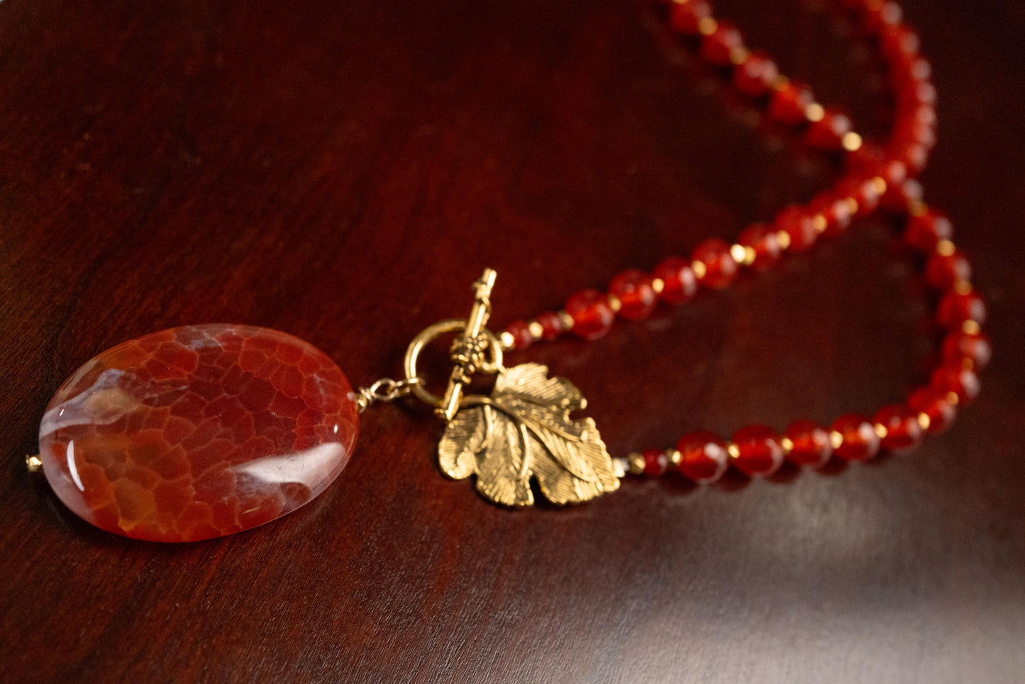 Carnelian Necklace, Natural Carnelian Faceted with Dangling Fire Agate Oval Pendant, Antiqued Gold Fancy Leaf Toggle Clasp, Gift