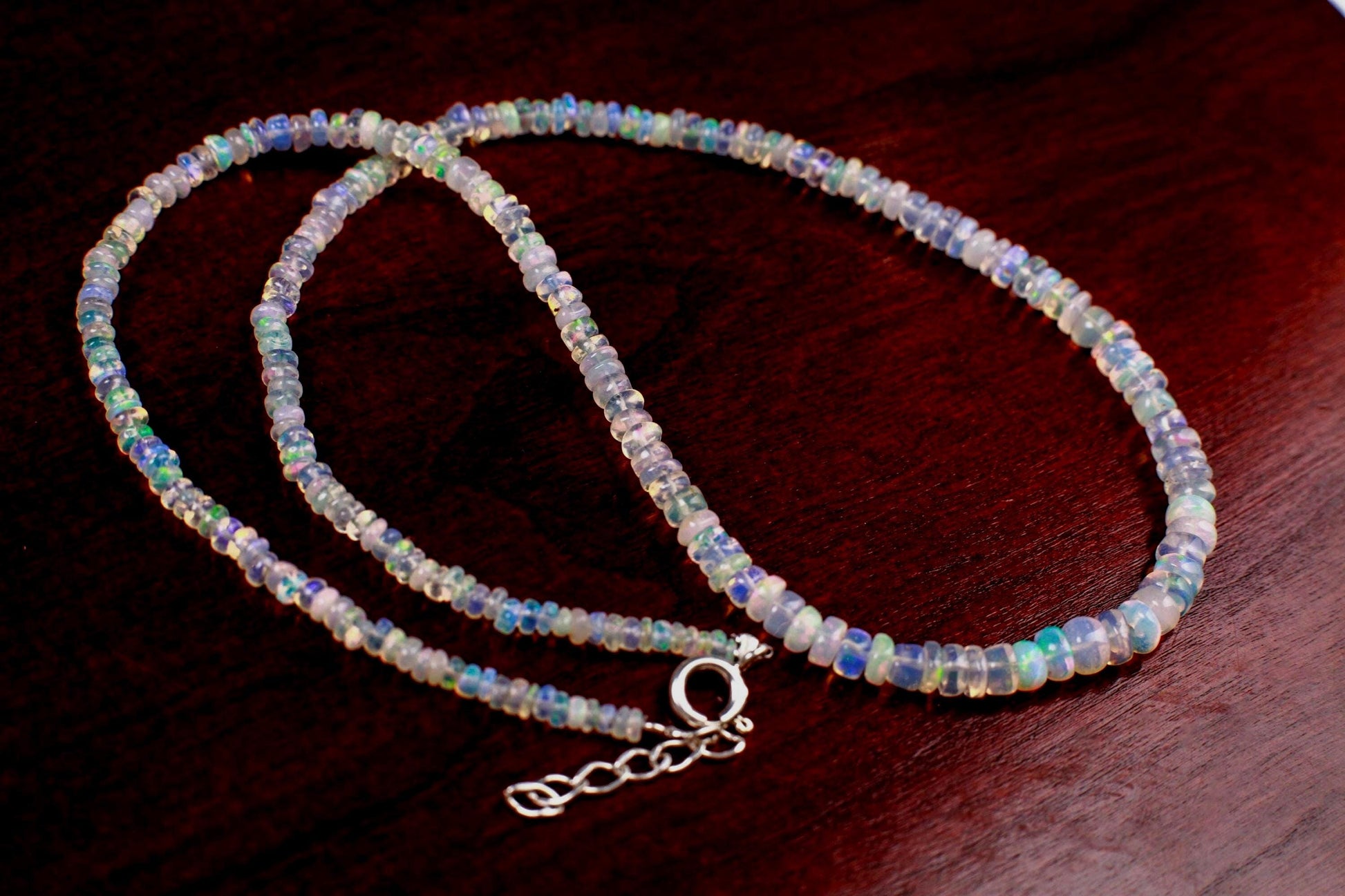 Genuine Ethiopian Fire Opal, Welo Opal 3-5mm Graduated AAA quality Fiery Opal 925 Sterling Silver Necklace with 1" Extender, 925 Stamped