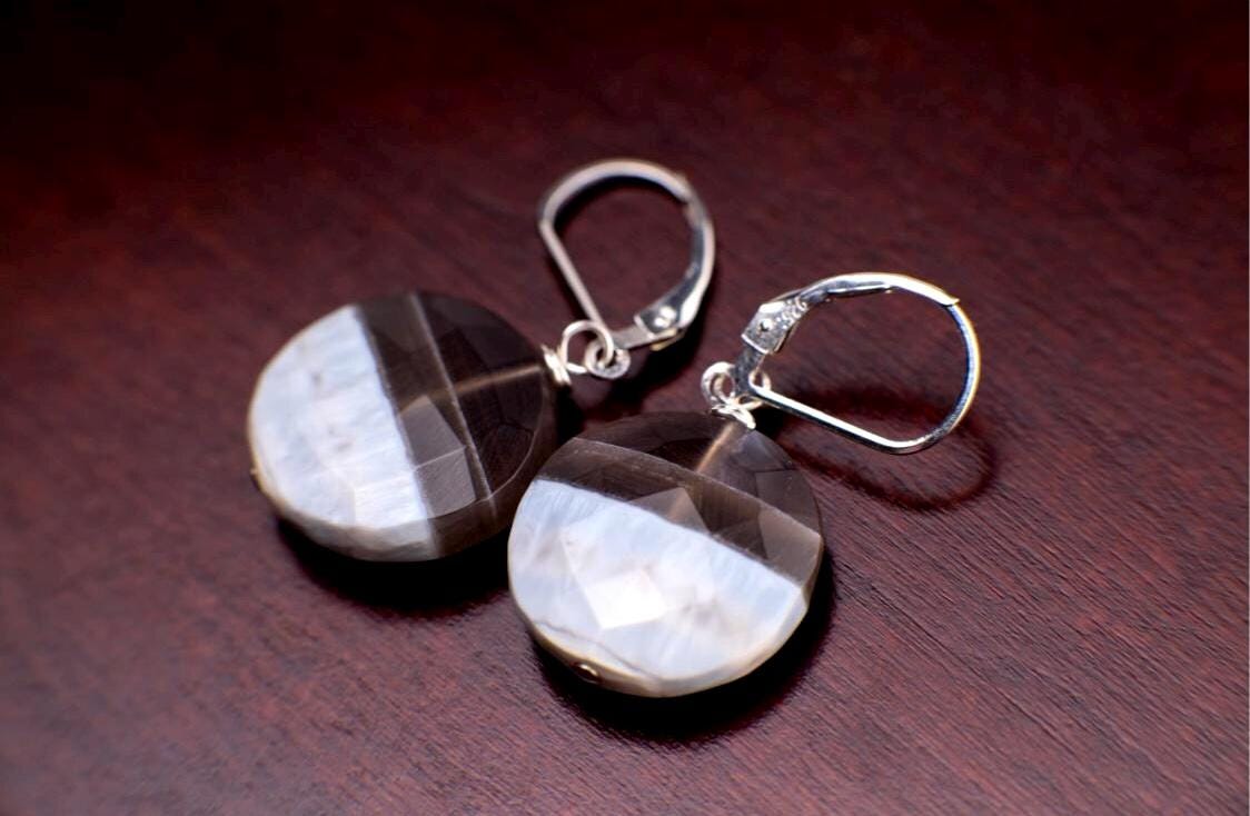 Natural Blue Peruvian Blue Oregon Boulder Opal Faceted Disk 18mm with Black Onyx Spacers Sterling Silver Hook Earwire or Leverback