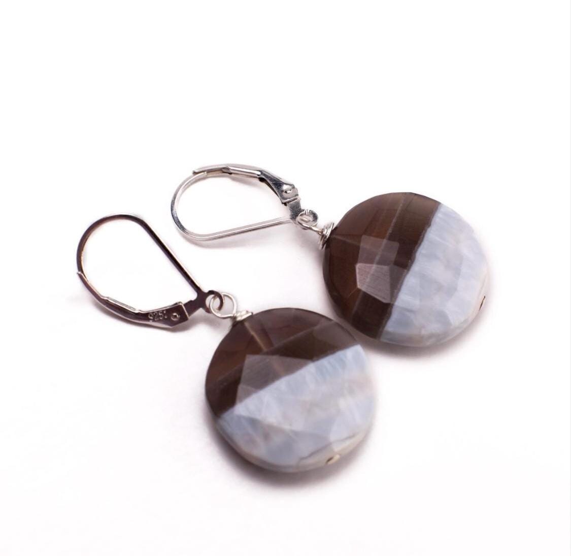 Natural Blue Peruvian Blue Oregon Boulder Opal Faceted Disk 18mm with Black Onyx Spacers Sterling Silver Hook Earwire or Leverback