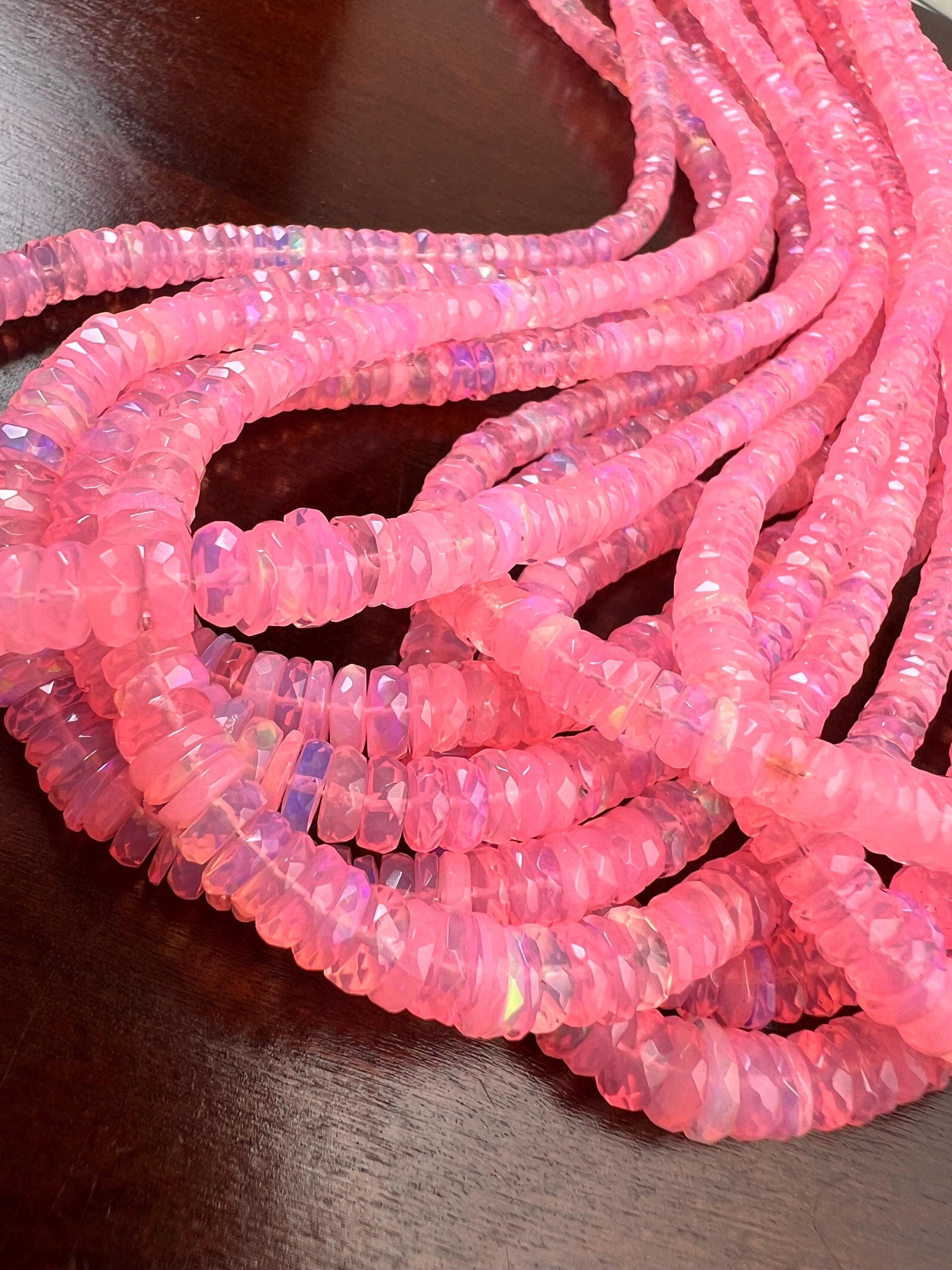 Pink Ethiopian opal fire Opal Welo Opal Faceted Heishi sweet pink roundel 4.5-6.5mm AAA quality fiery Opal bead 15” Full strand