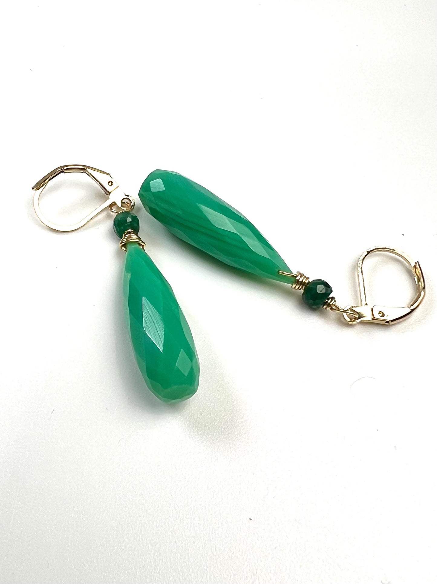 Natural Chrysoprase Faceted Long drop with Emerald roundel Leverback gold filled earrings
