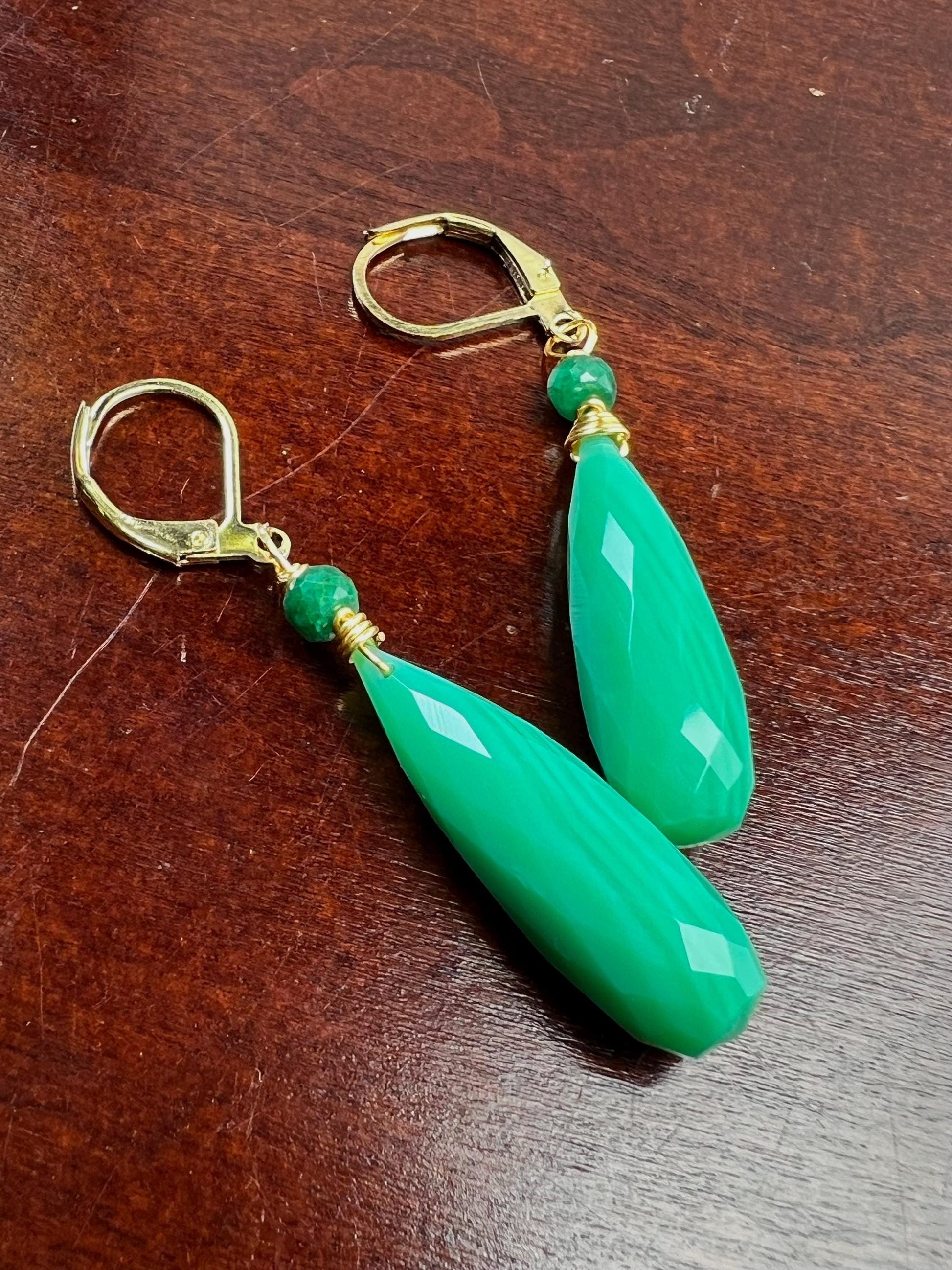 Natural Chrysoprase Faceted Long drop with Emerald roundel Leverback gold filled earrings