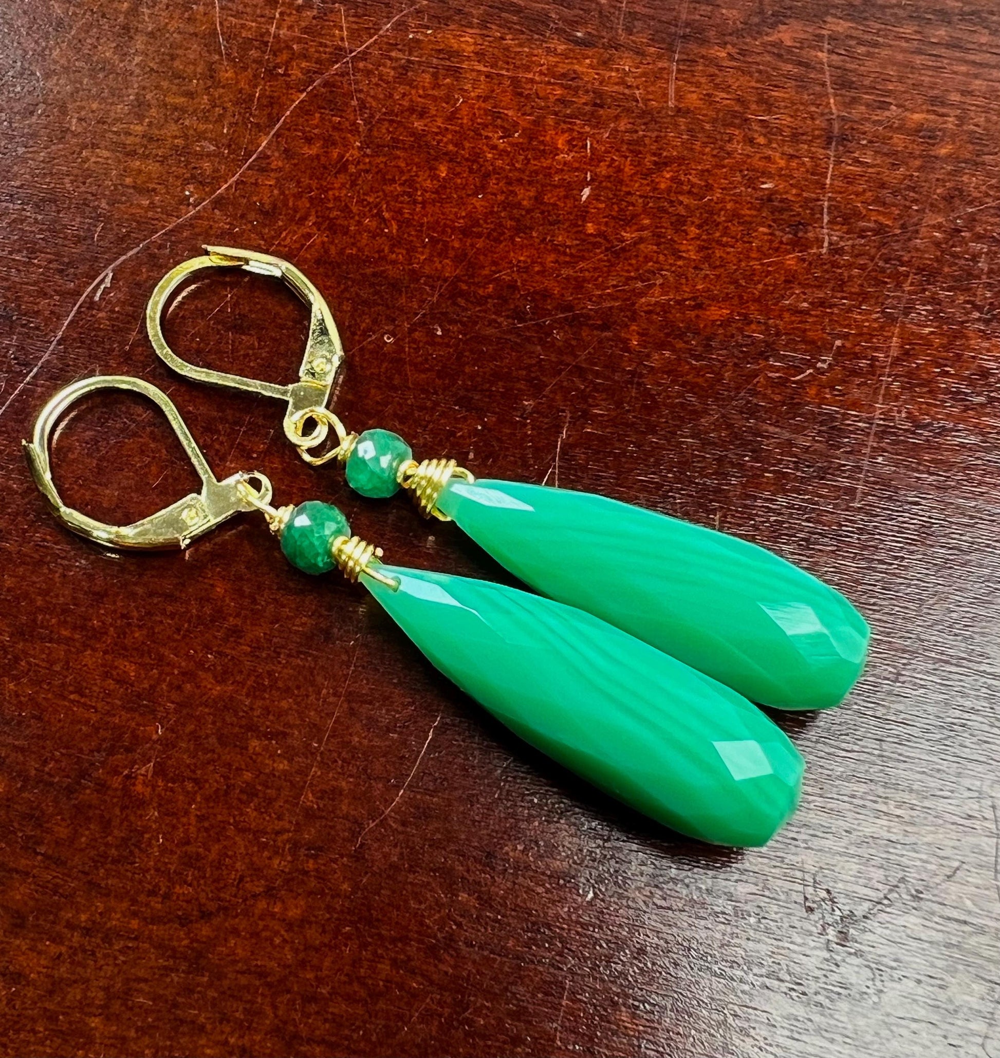 Natural Chrysoprase Faceted Long drop with Emerald roundel Leverback gold filled earrings