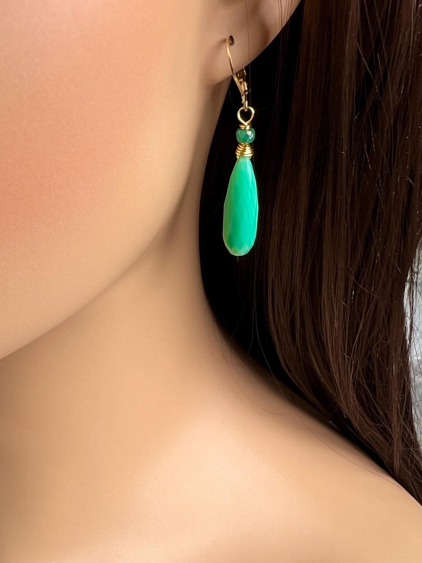 Natural Chrysoprase Faceted Long drop with Emerald roundel Leverback gold filled earrings