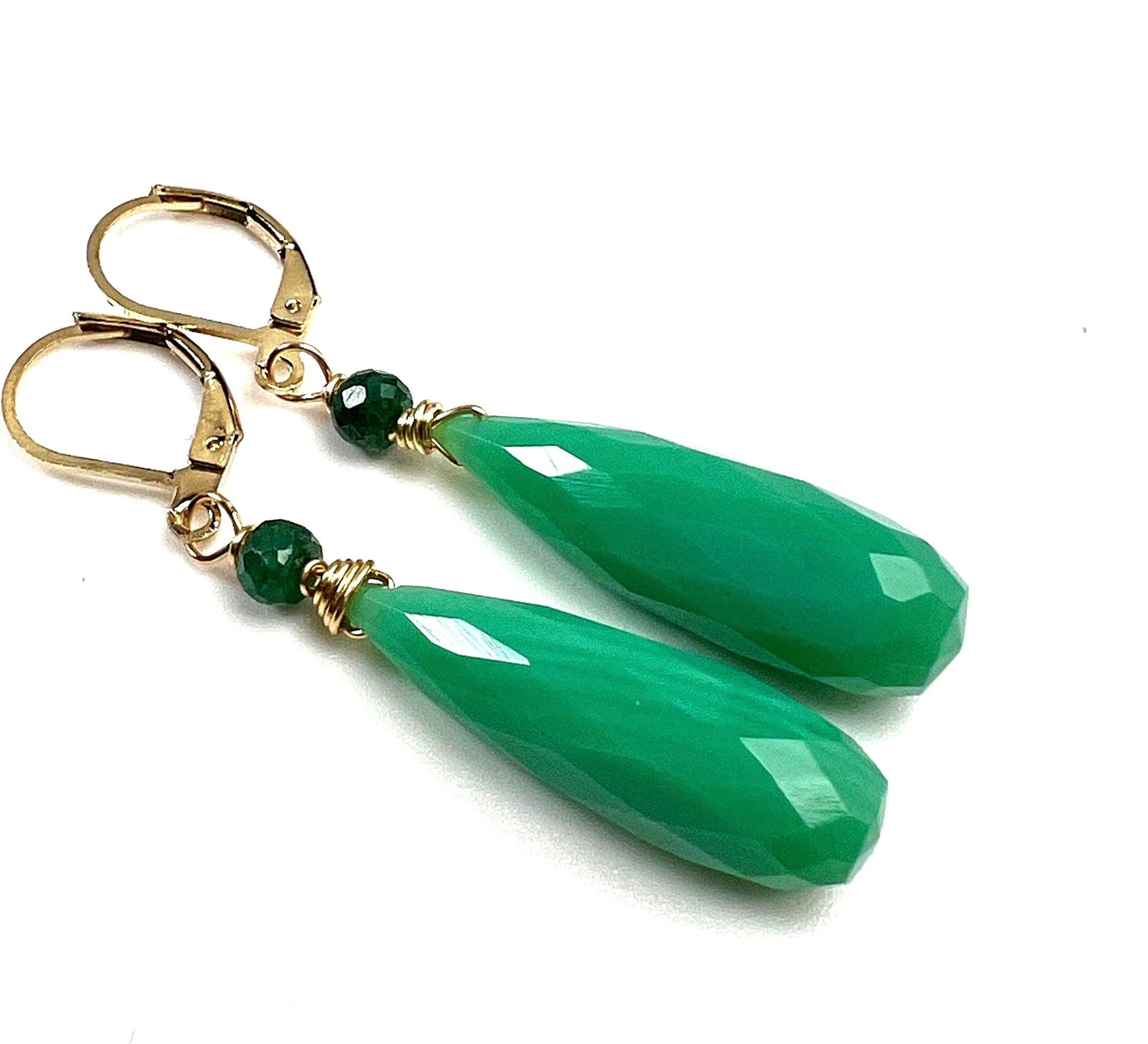 Natural Chrysoprase Faceted Long drop with Emerald roundel Leverback gold filled earrings