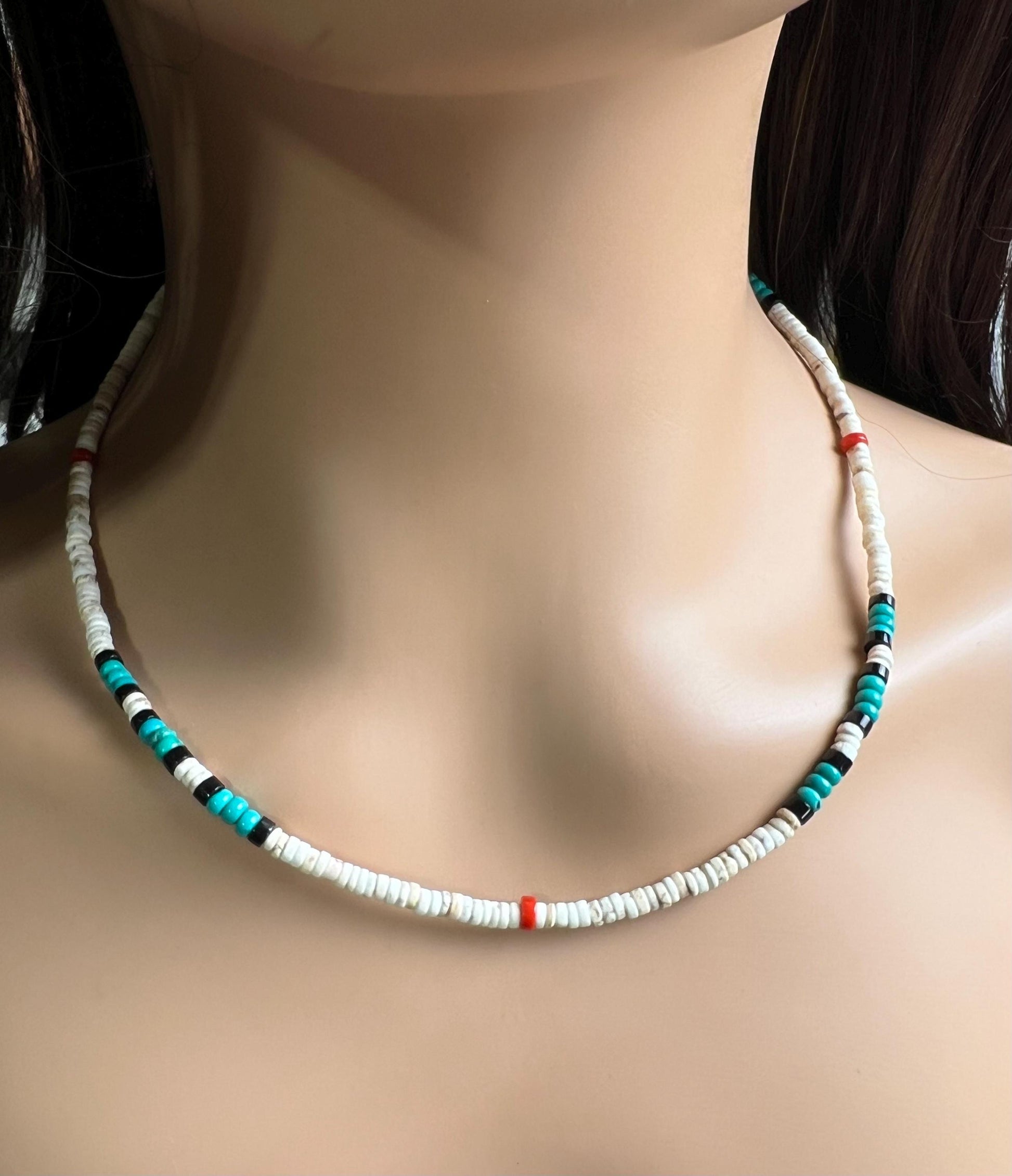 White Turquoise coral blue turquoise Heishi Necklace Unisex for Men and women
