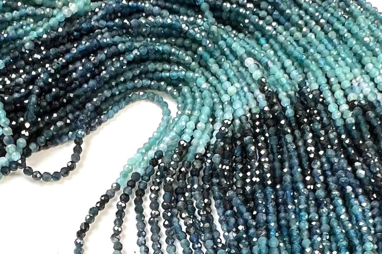Natural Grandidierite 2mm Micro Faceted Diamond Cut Teal Blue shaded Rare Gemstone Beads for jewelry making 15" Full Strand