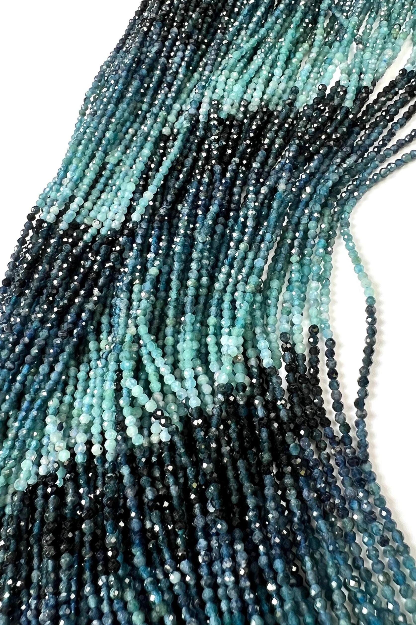 Natural Grandidierite 2mm Micro Faceted Diamond Cut Teal Blue shaded Rare Gemstone Beads for jewelry making 15" Full Strand