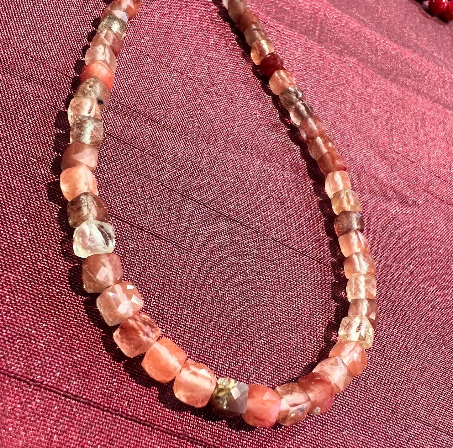 Natural Andesine Ombre peach 4 Faceted Square Cube shape gold vermeil Necklace Energy Chakra Yoga Gift.