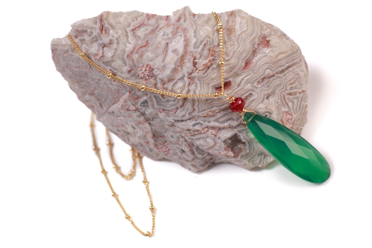 Genuine Green Onyx Faceted Long Pear Drop, genuine Ruby accent 14k Gold Vermeil Satellite Howl Necklace