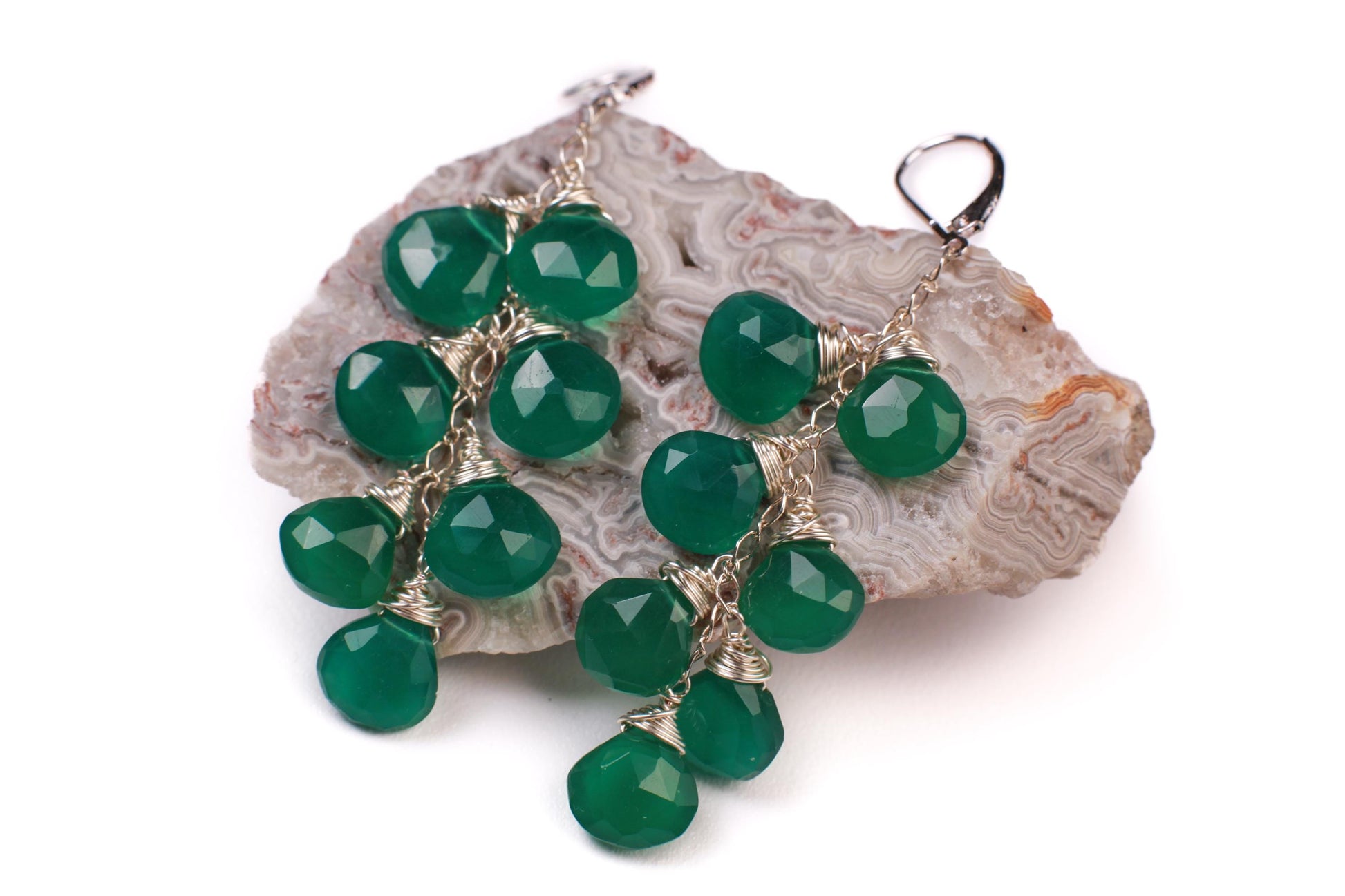 Natural Green Onyx Dangling Wire Wrapped Briolette Heart Earrings in 14K Gold Filled or 925 sterling silver, cascade earrings Handmade Gift