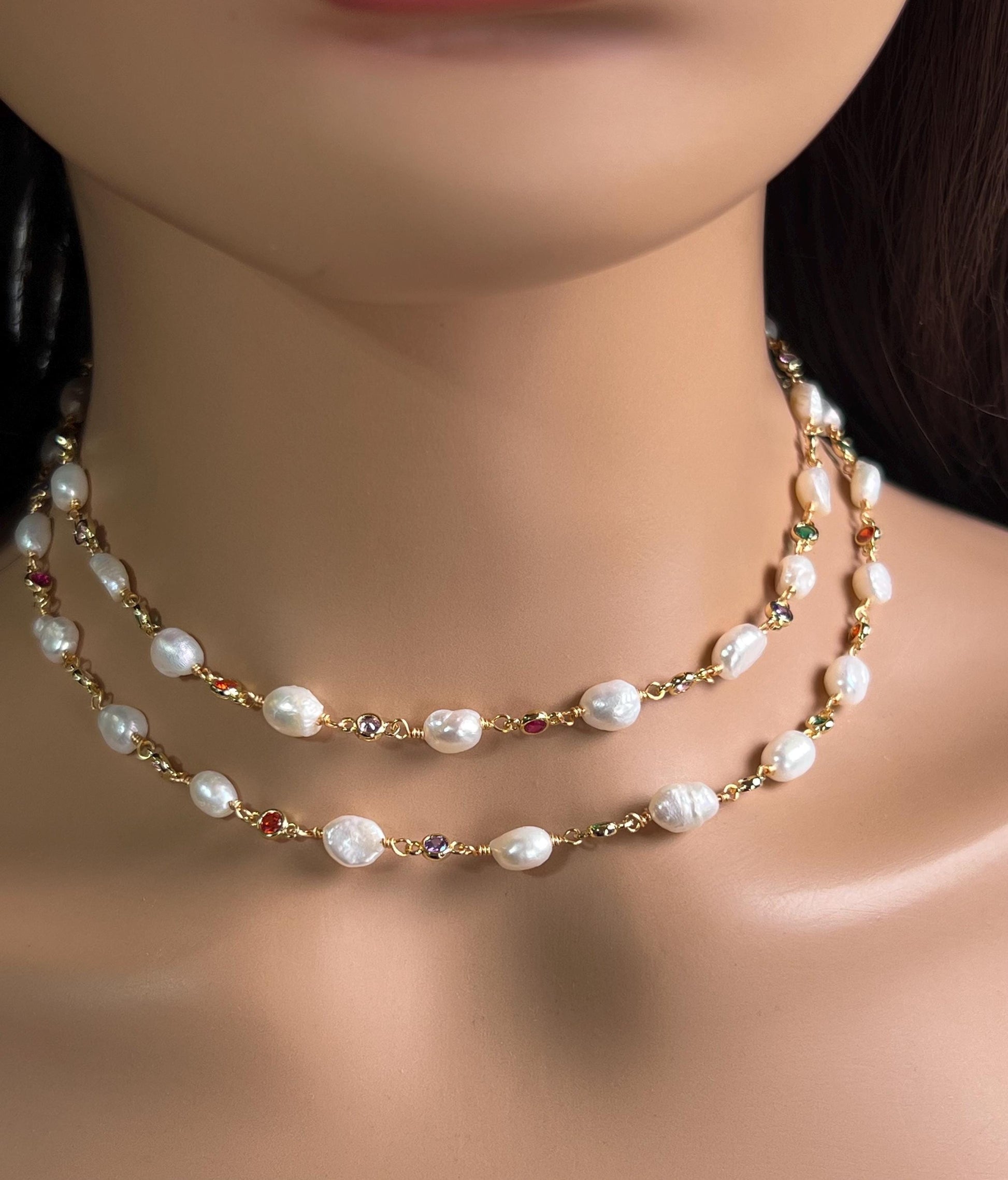 Natural Freshwater Pearl with ruby emerald Amethyst CZ diamond Spacer handmade 18k gold vermeil necklace