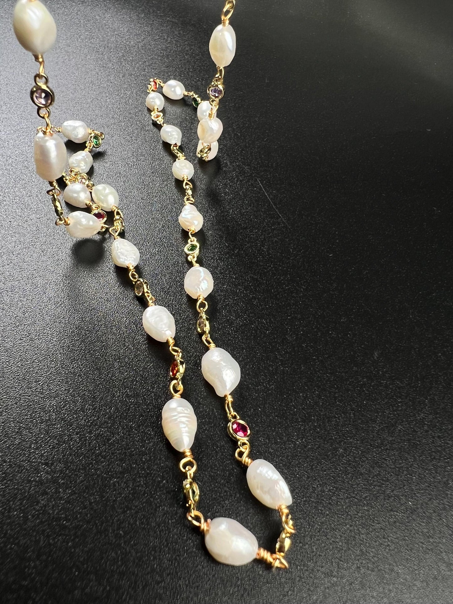 Natural Freshwater Pearl with ruby emerald Amethyst CZ diamond Spacer handmade 18k gold vermeil necklace