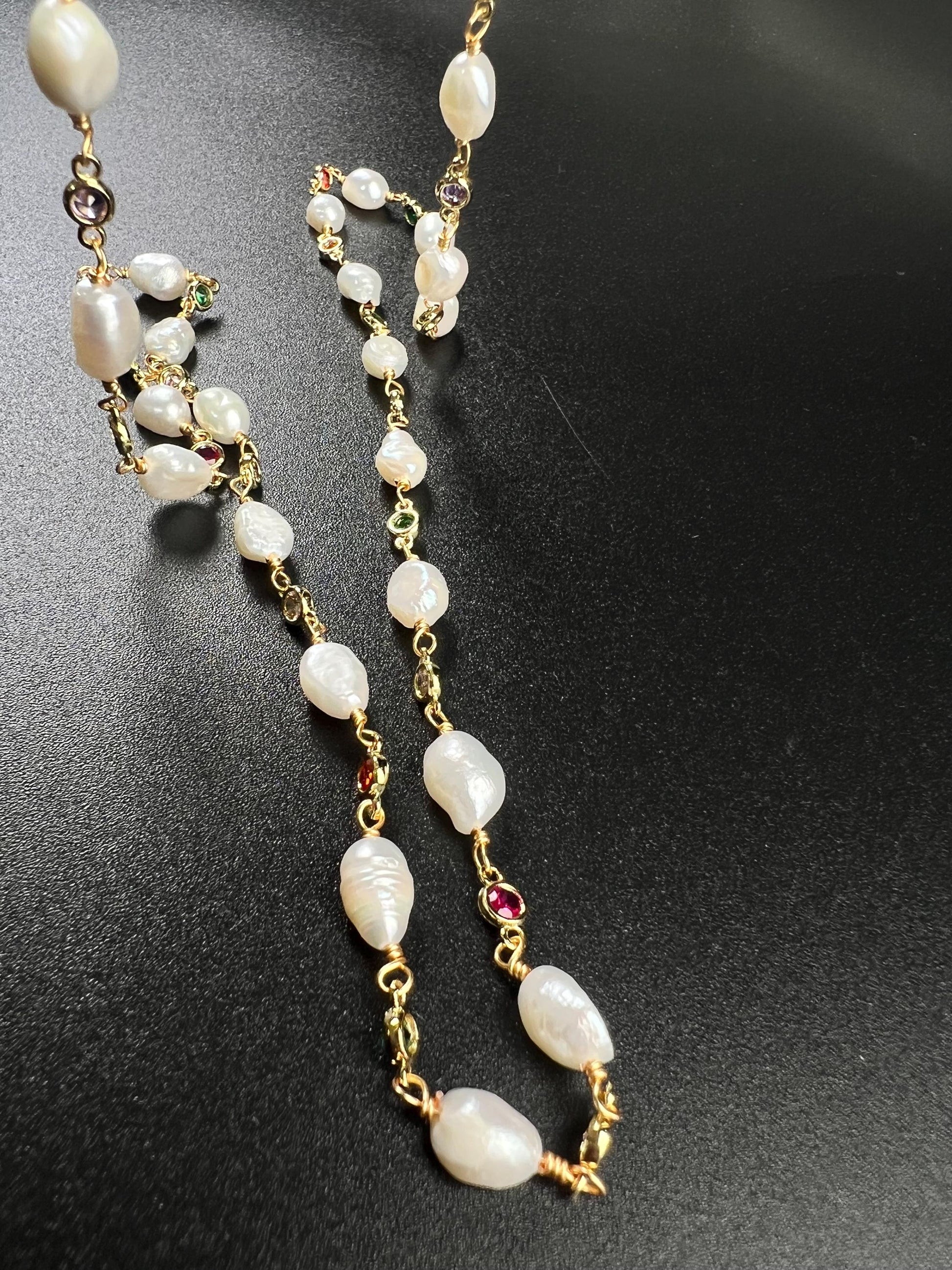 Natural Freshwater Pearl with ruby emerald Amethyst CZ diamond Spacer handmade 18k gold vermeil necklace