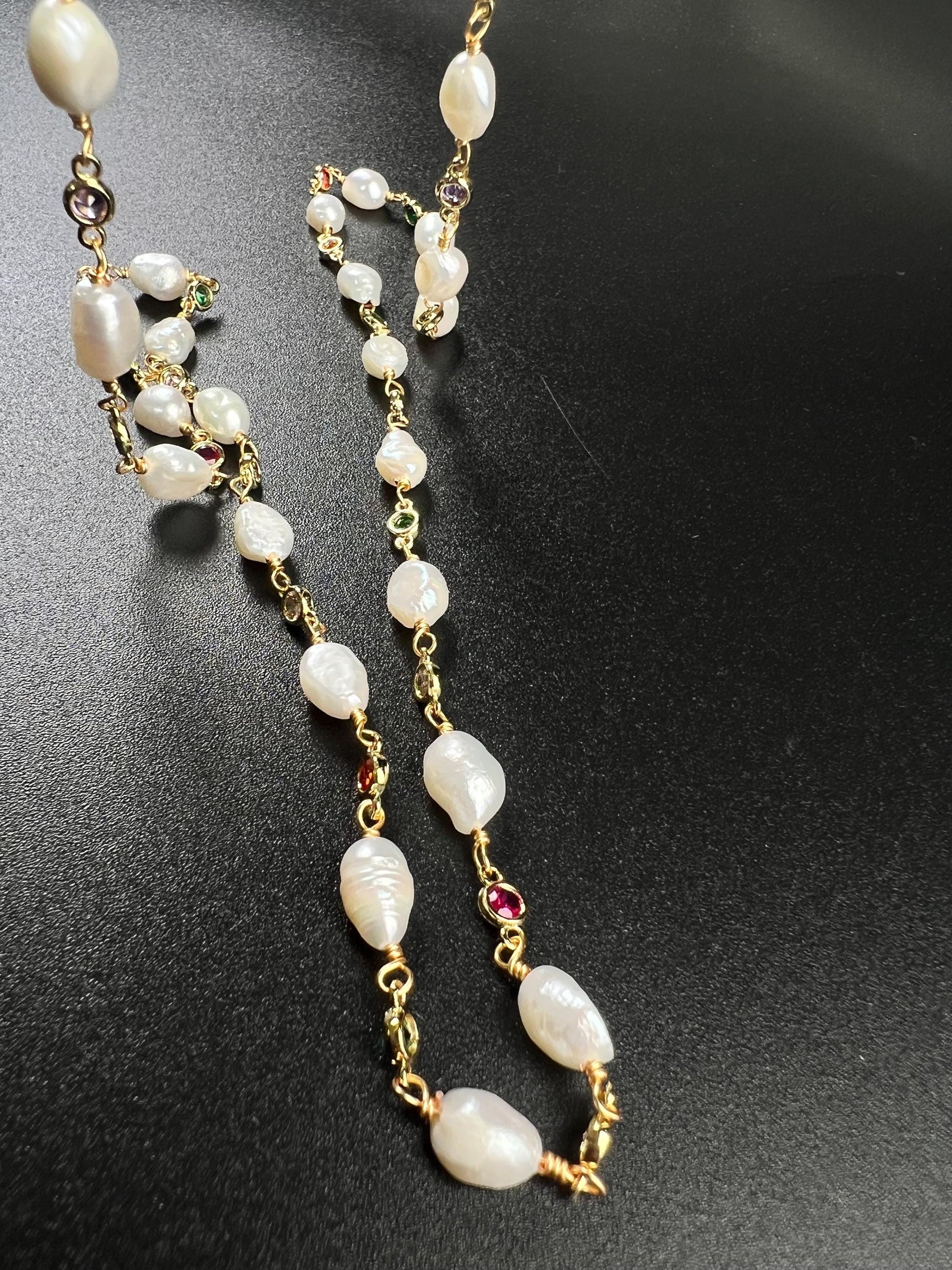 Natural Freshwater Pearl with ruby emerald Amethyst CZ diamond Spacer handmade 18k gold vermeil necklace