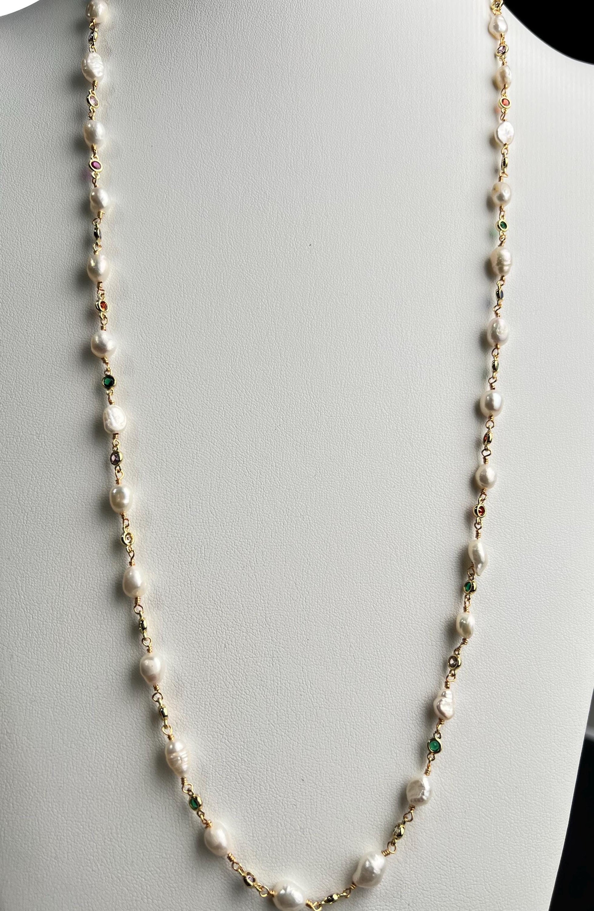 Natural Freshwater Pearl with ruby emerald Amethyst CZ diamond Spacer handmade 18k gold vermeil necklace