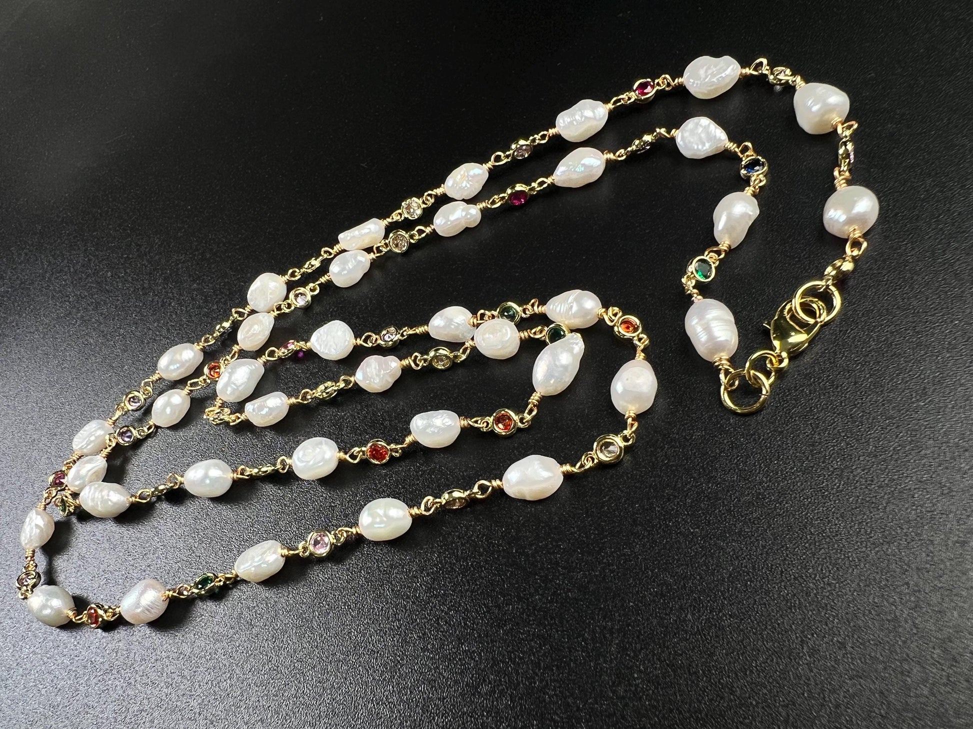 Natural Freshwater Pearl with ruby emerald Amethyst CZ diamond Spacer handmade 18k gold vermeil necklace