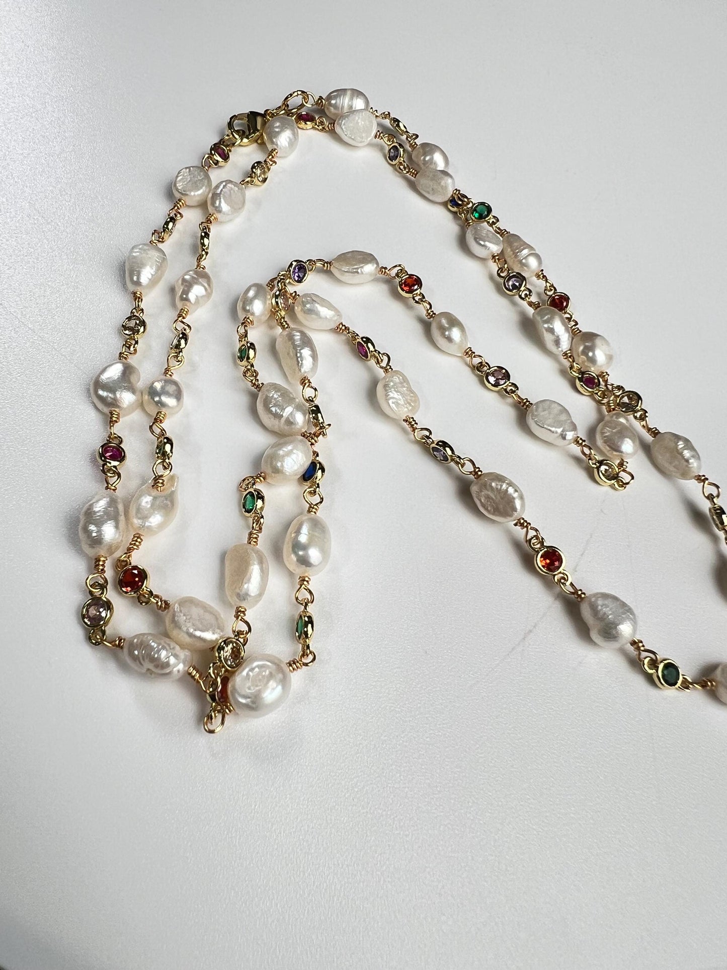 Natural Freshwater Pearl with ruby emerald Amethyst CZ diamond Spacer handmade 18k gold vermeil necklace