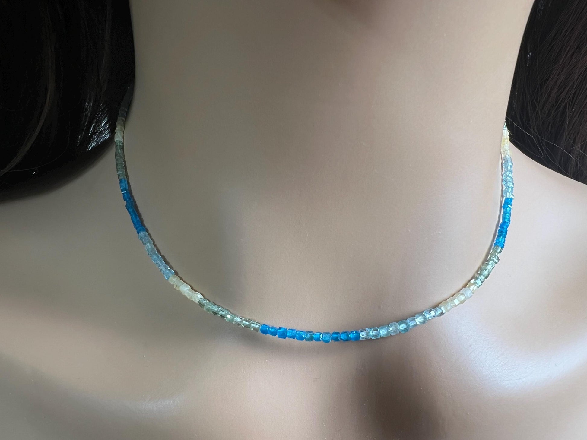 Natural Apatite squares Cube Micro Faceted beaded Sterling Silver necklace