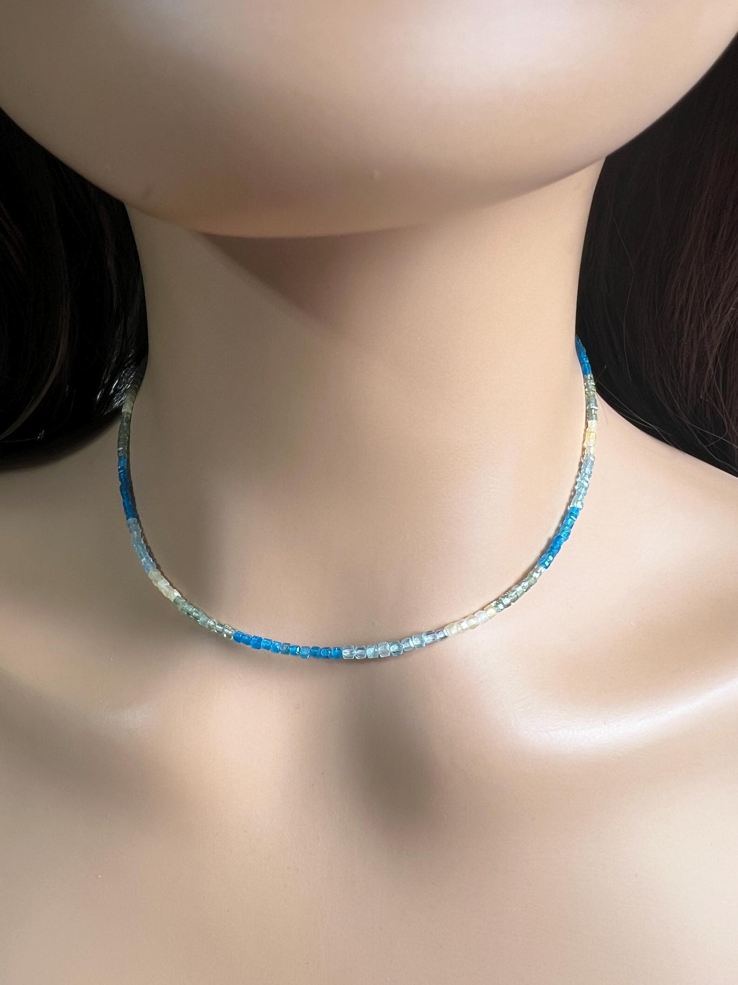 Natural Apatite squares Cube Micro Faceted beaded Sterling Silver necklace