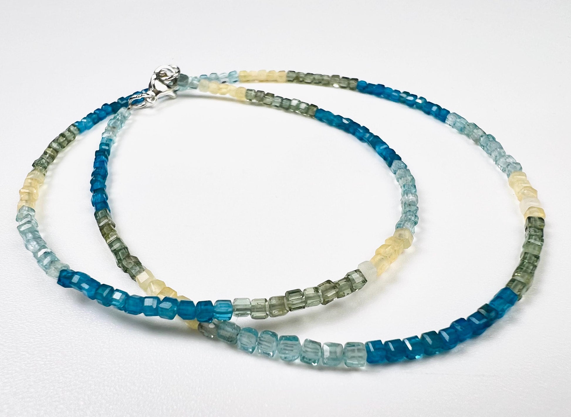 Natural Apatite squares Cube Micro Faceted beaded Sterling Silver necklace