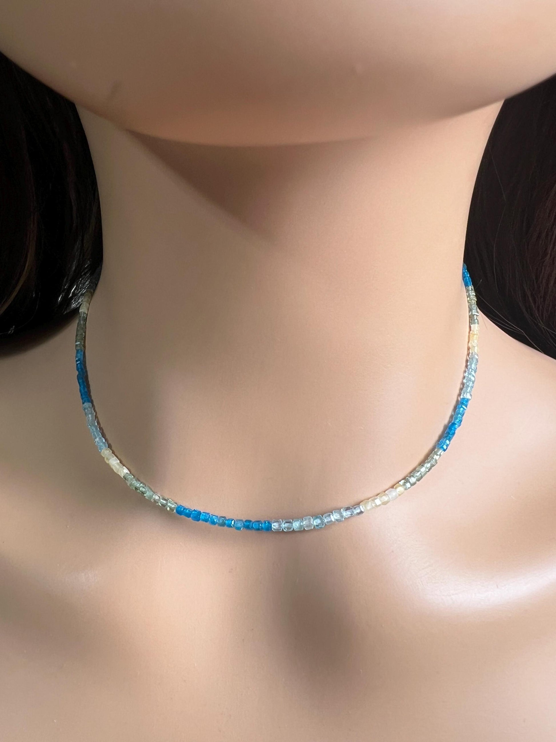 Natural Apatite squares Cube Micro Faceted beaded Sterling Silver necklace