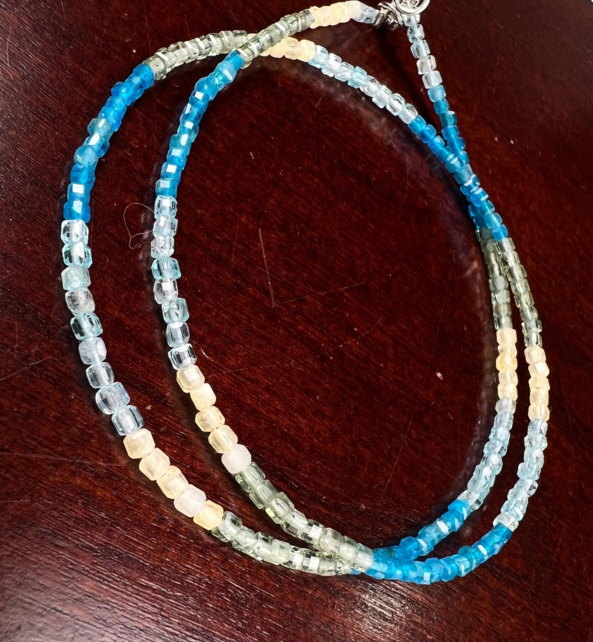 Natural Apatite squares Cube Micro Faceted beaded Sterling Silver necklace