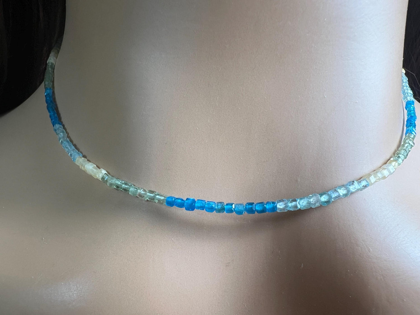 Natural Apatite squares Cube Micro Faceted beaded Sterling Silver necklace