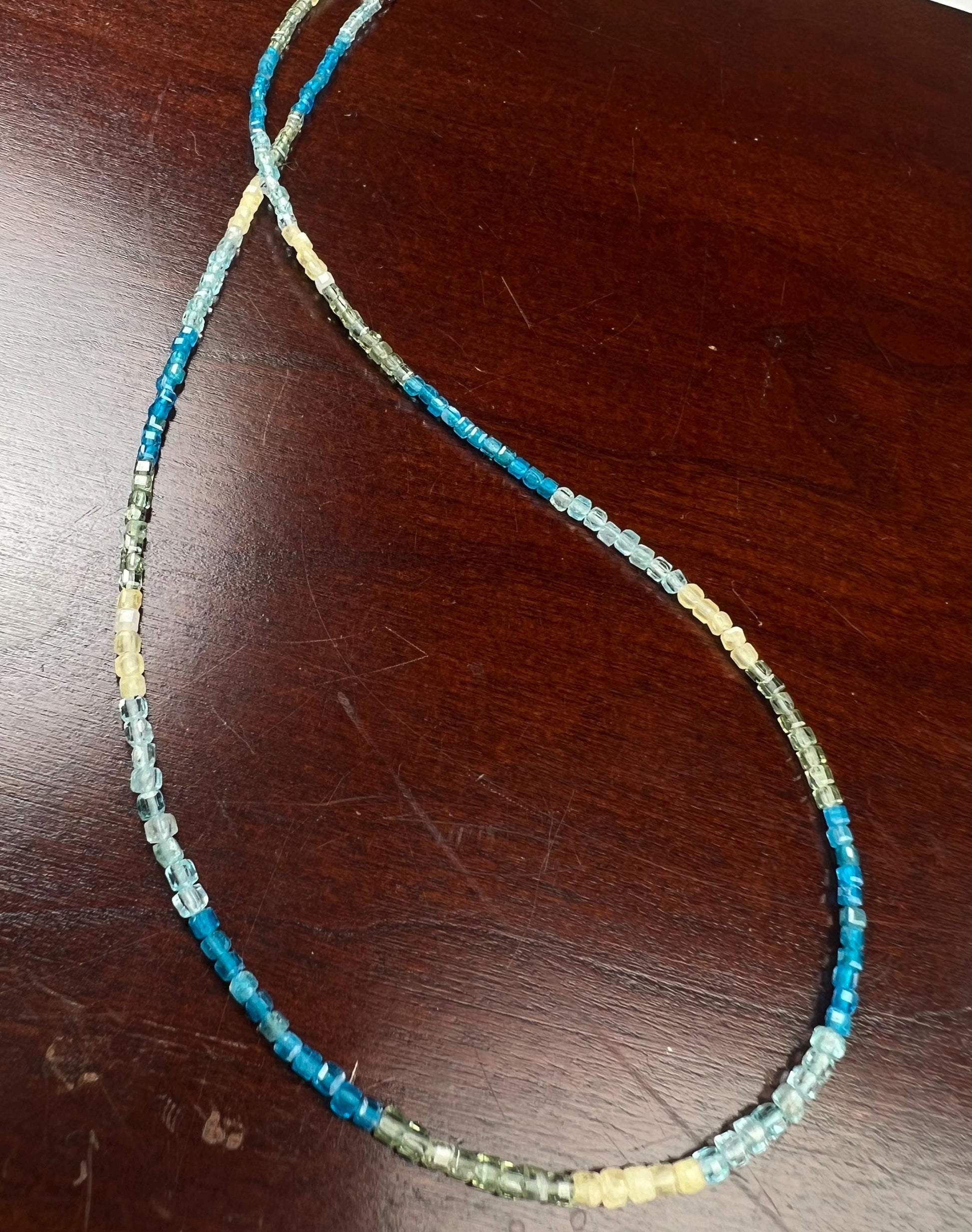 Natural Apatite squares Cube Micro Faceted beaded Sterling Silver necklace