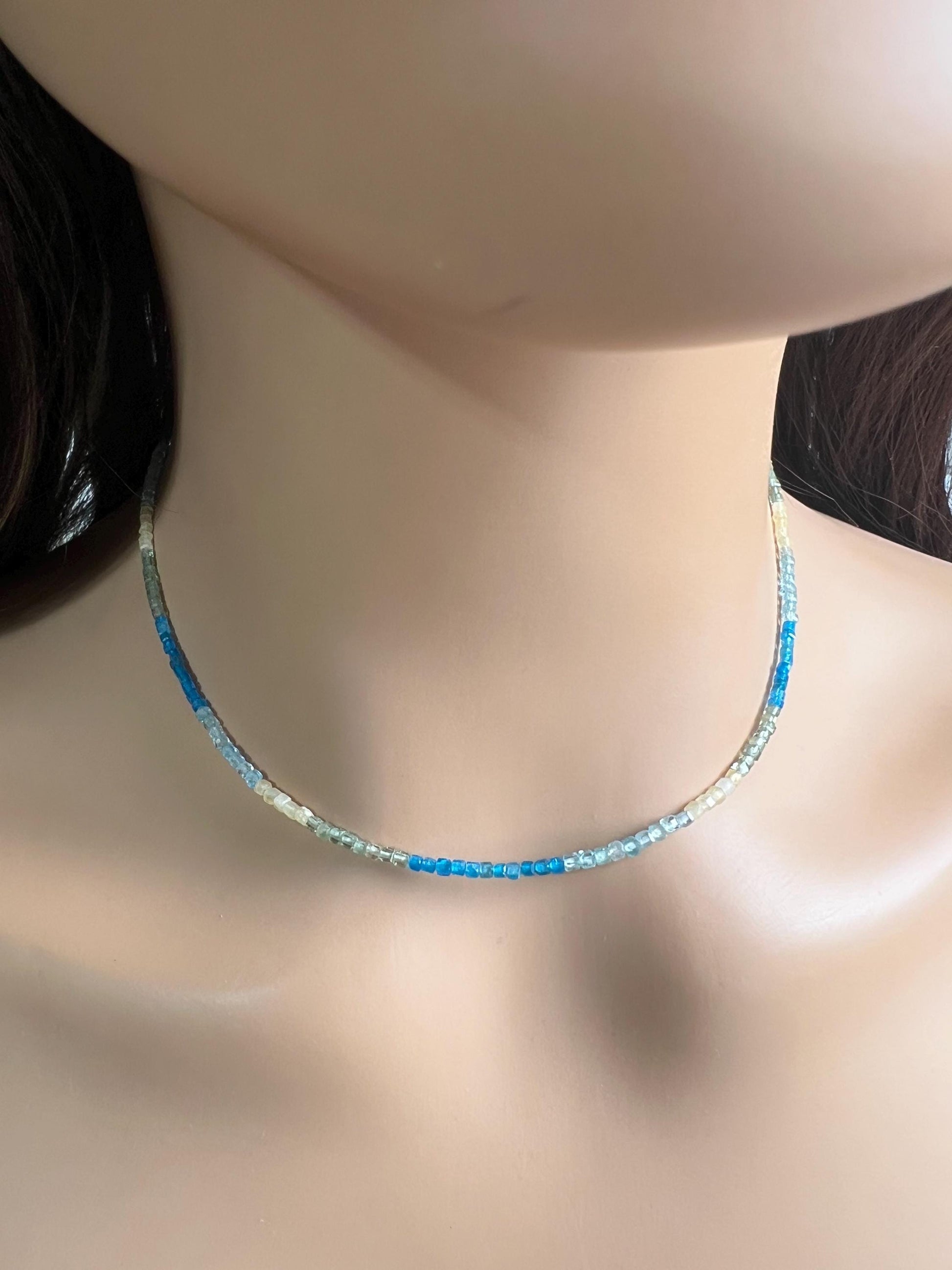 Natural Apatite squares Cube Micro Faceted beaded Sterling Silver necklace