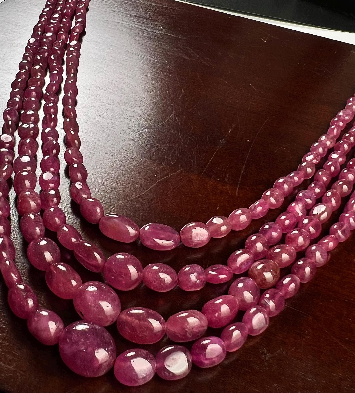Naural Ruby 4 line smooth Oval Graduated Adjustable Necklace, AAA quality 640 cts Gift for her,