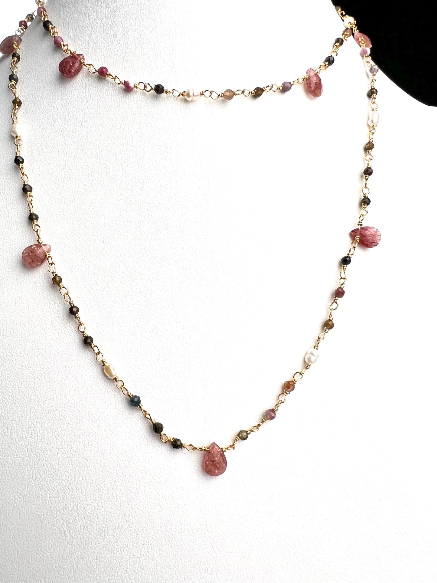 Natural Tourmaline freshwater pearl and natural Strawberry Quartz handmade Necklace , 18k gold vermeil ,Valentine Gift,