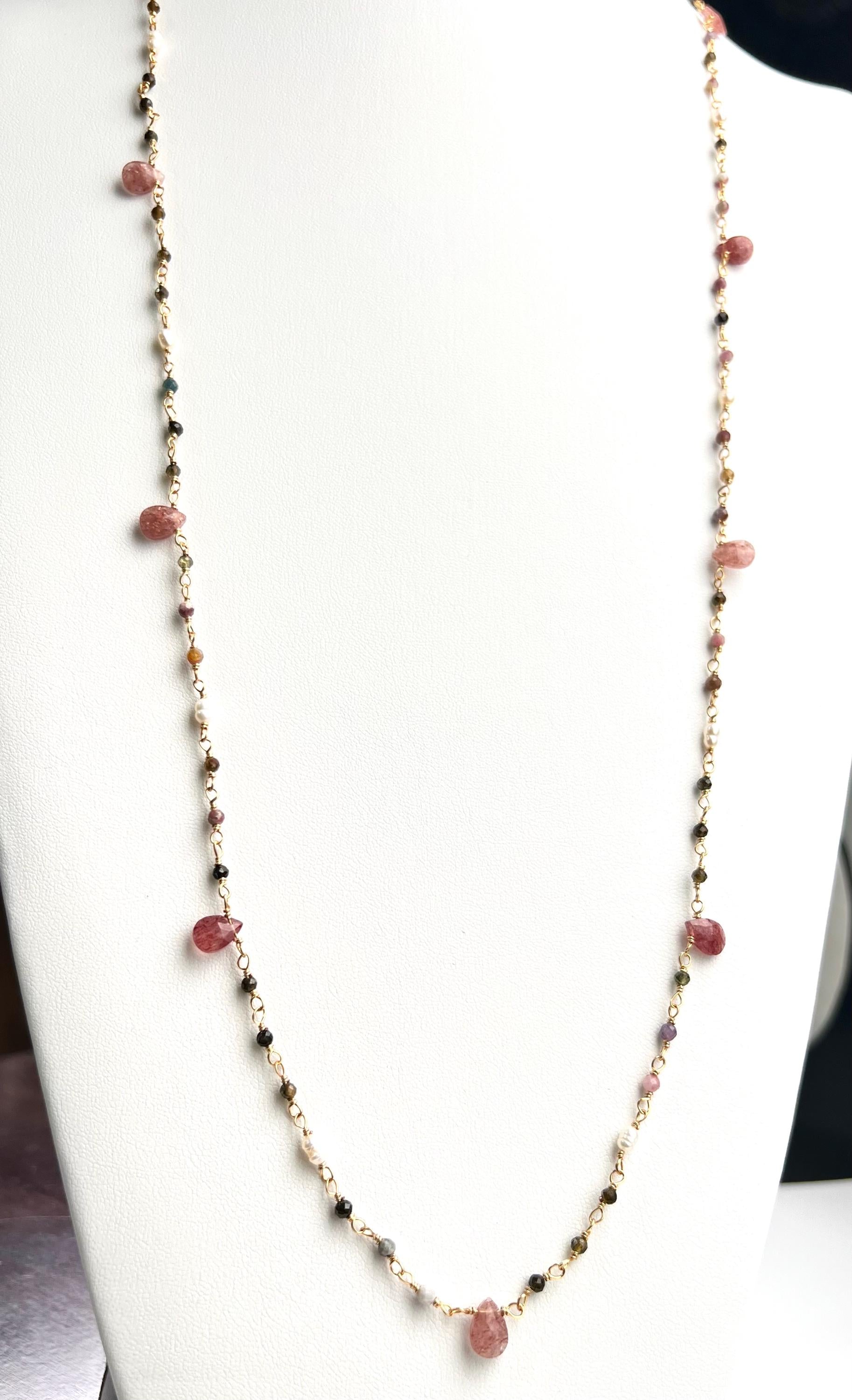 Natural Tourmaline freshwater pearl and natural Strawberry Quartz handmade Necklace , 18k gold vermeil ,Valentine Gift,