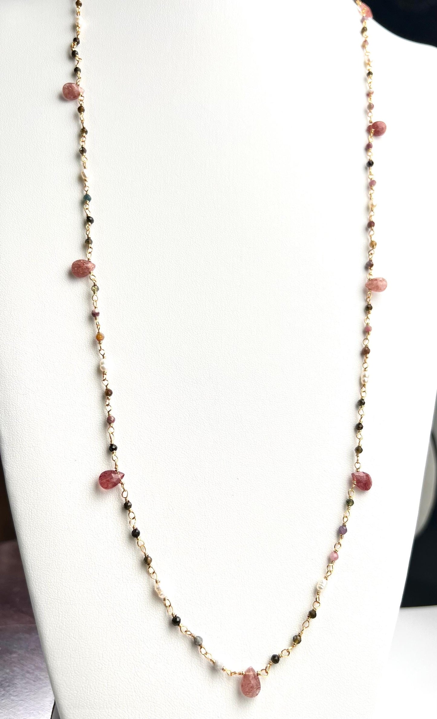 Natural Tourmaline freshwater pearl and natural Strawberry Quartz handmade Necklace , 18k gold vermeil ,Valentine Gift,