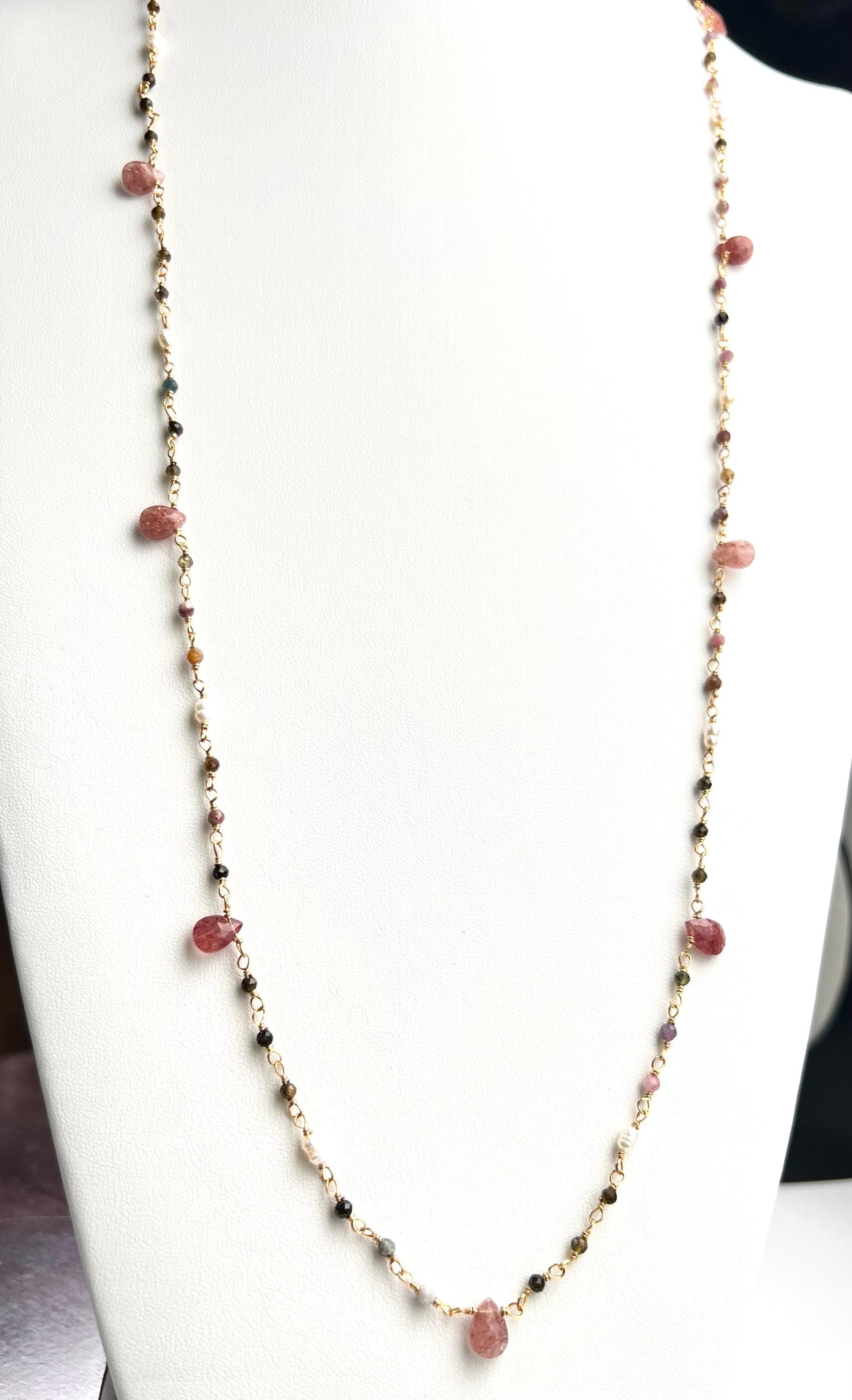 Natural Tourmaline freshwater pearl and natural Strawberry Quartz handmade Necklace , 18k gold vermeil ,Valentine Gift,