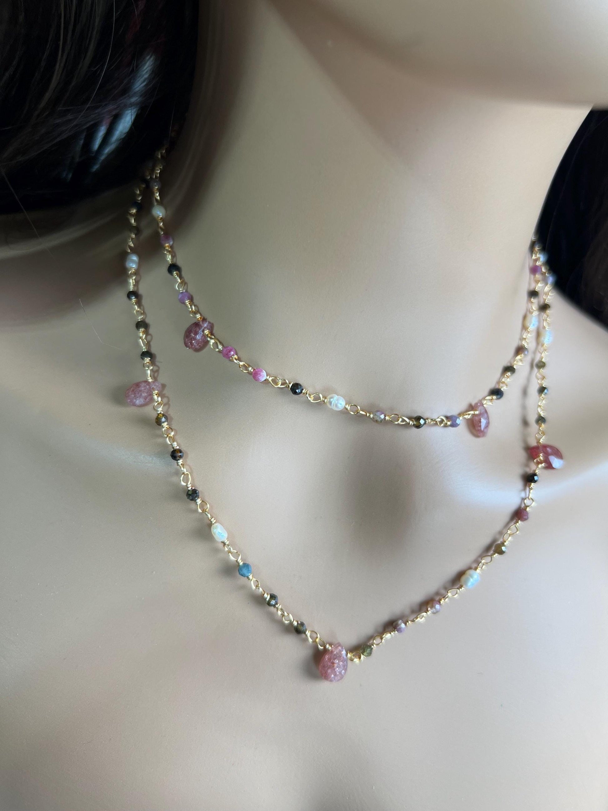 Natural Tourmaline freshwater pearl and natural Strawberry Quartz handmade Necklace , 18k gold vermeil ,Valentine Gift,