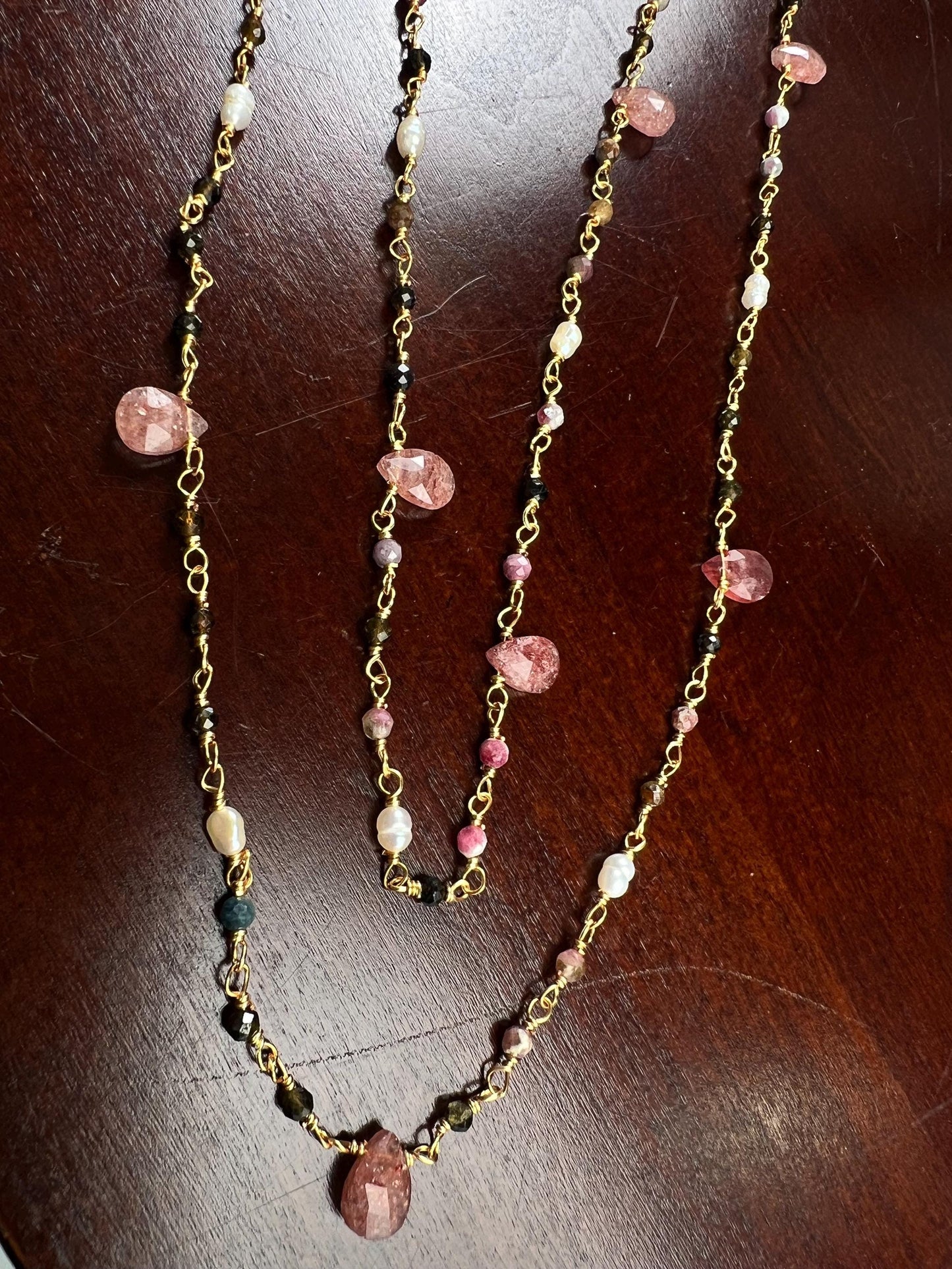 Natural Tourmaline freshwater pearl and natural Strawberry Quartz handmade Necklace , 18k gold vermeil ,Valentine Gift,
