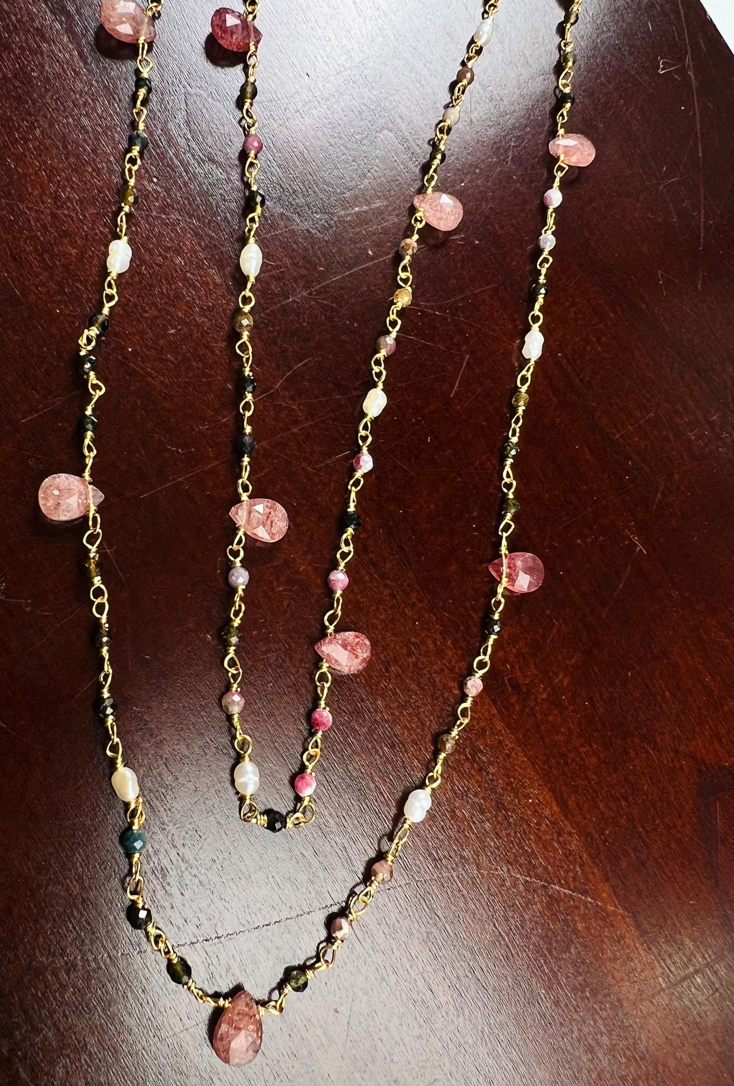 Natural Tourmaline freshwater pearl and natural Strawberry Quartz handmade Necklace , 18k gold vermeil ,Valentine Gift,