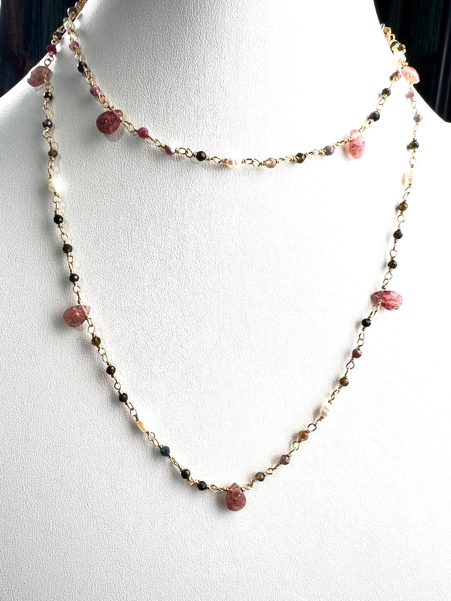 Natural Tourmaline freshwater pearl and natural Strawberry Quartz handmade Necklace , 18k gold vermeil ,Valentine Gift,