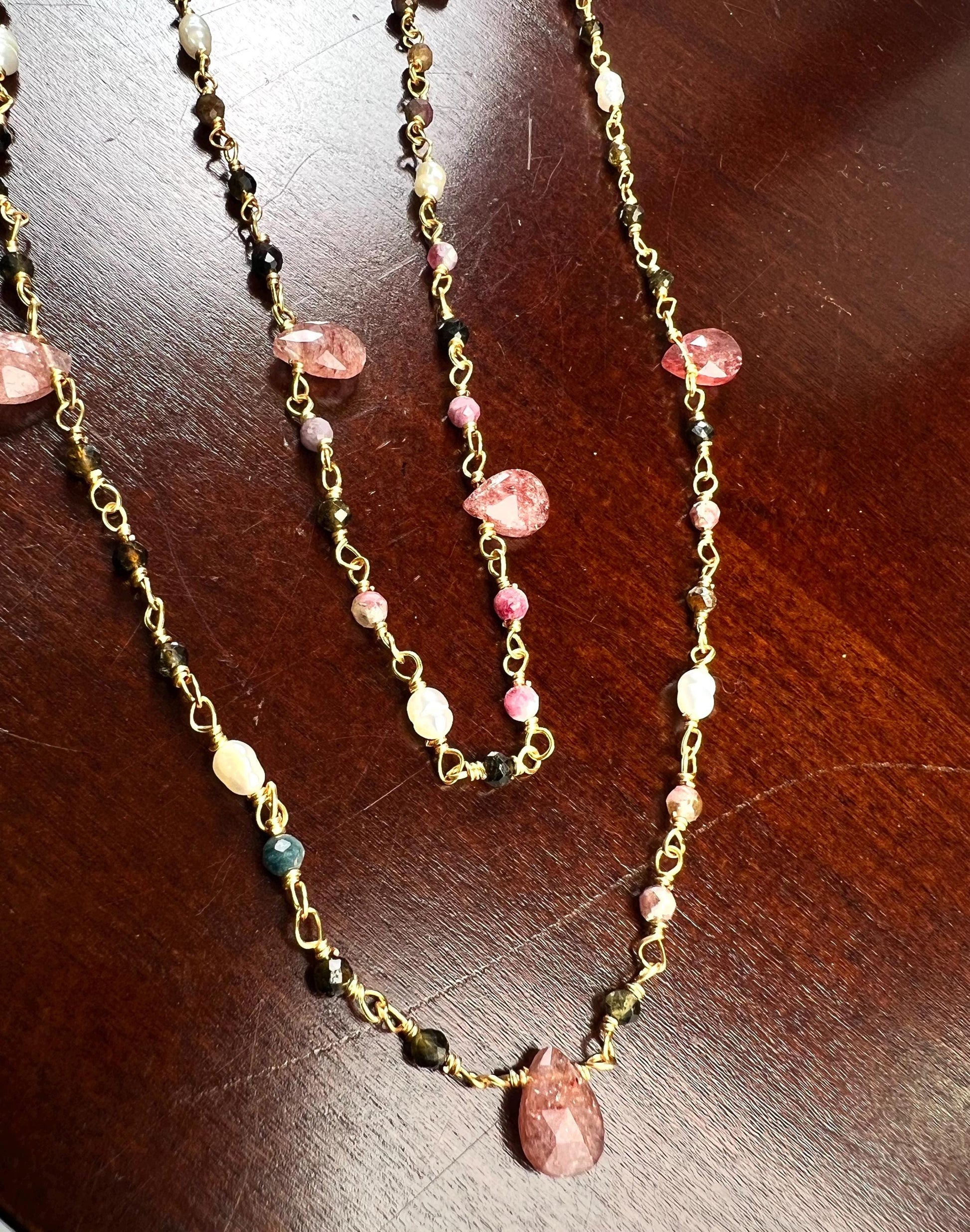 Natural Tourmaline freshwater pearl and natural Strawberry Quartz handmade Necklace , 18k gold vermeil ,Valentine Gift,