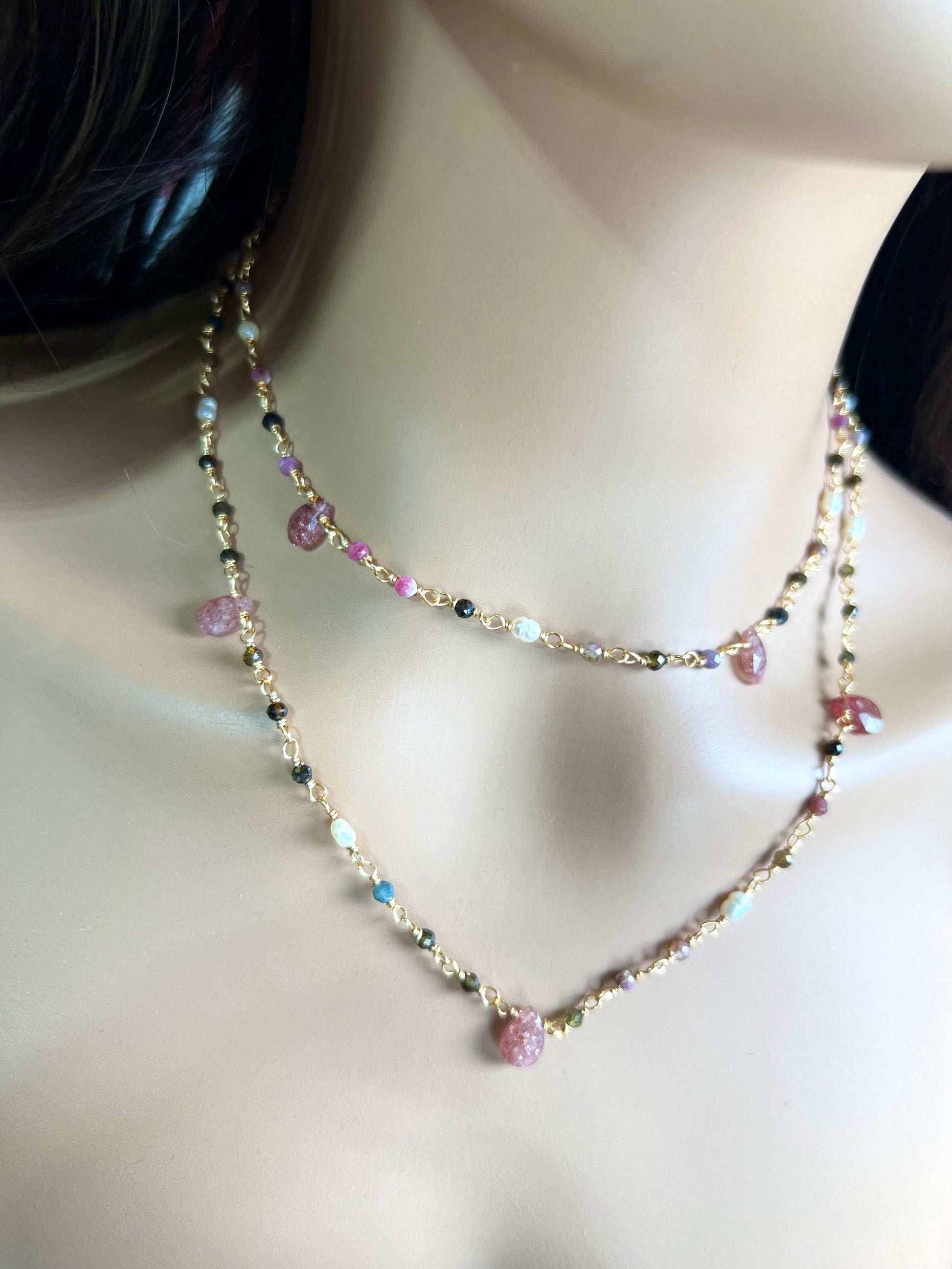 Natural Tourmaline freshwater pearl and natural Strawberry Quartz handmade Necklace , 18k gold vermeil ,Valentine Gift,