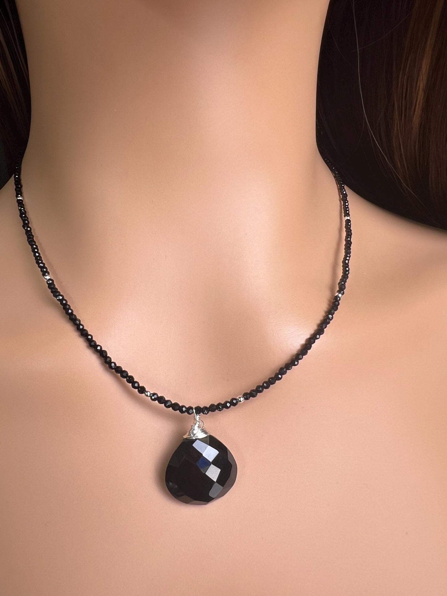 Genuine Black Spinel bead and heart pendant Necklace , graduation,Layering Necklace 14" to 48"