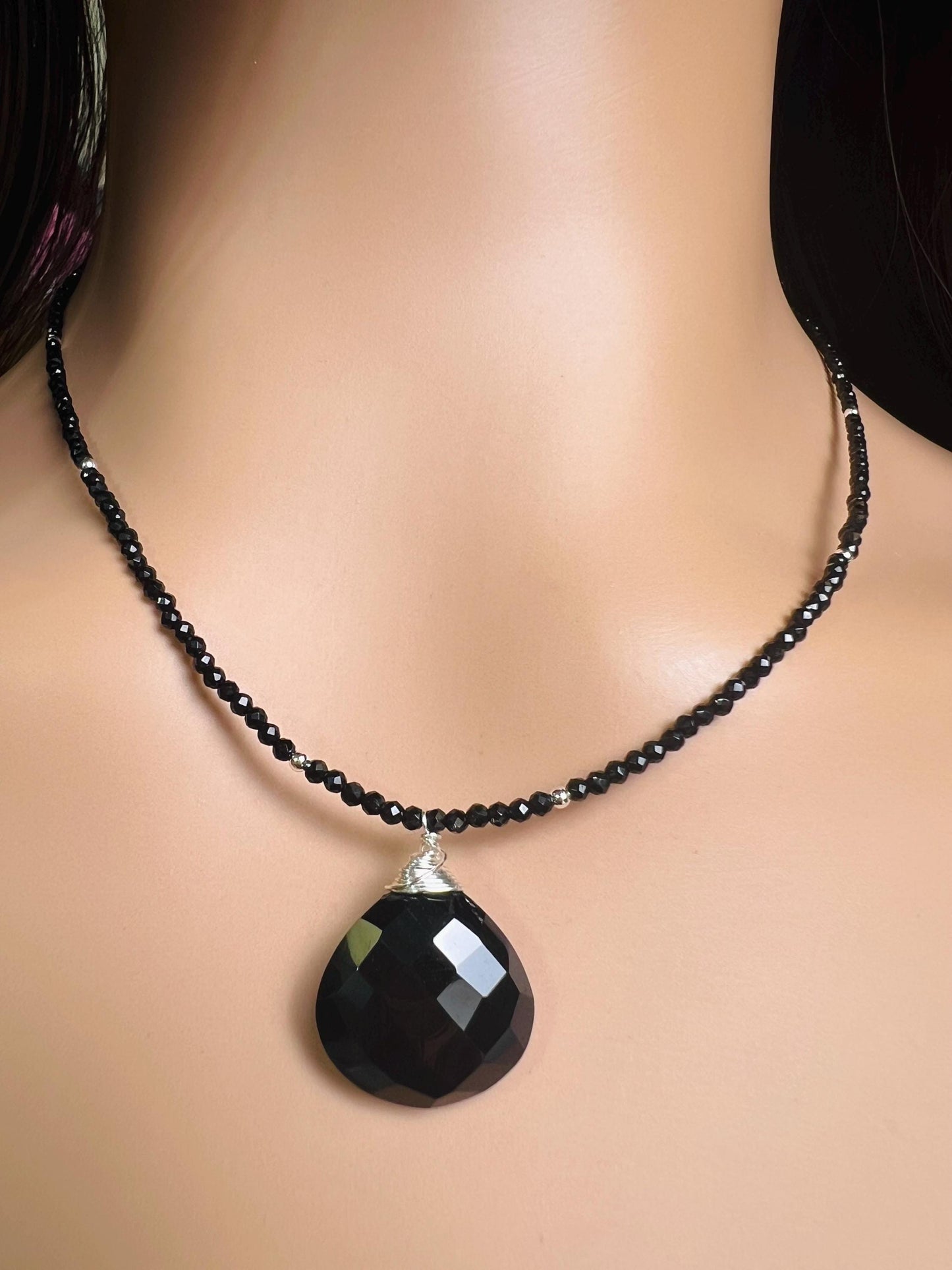 Genuine Black Spinel bead and heart pendant Necklace , graduation,Layering Necklace 14" to 48"