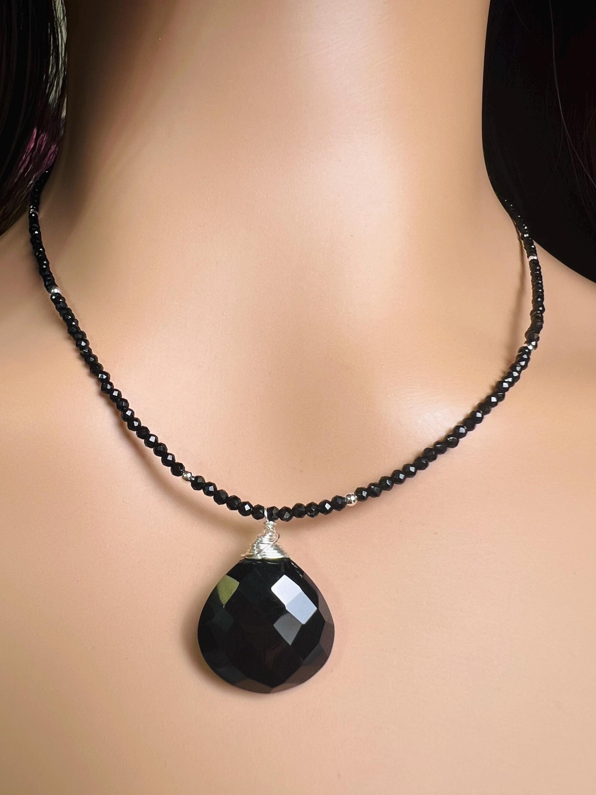 Genuine Black Spinel bead and heart pendant Necklace , graduation,Layering Necklace 14" to 48"